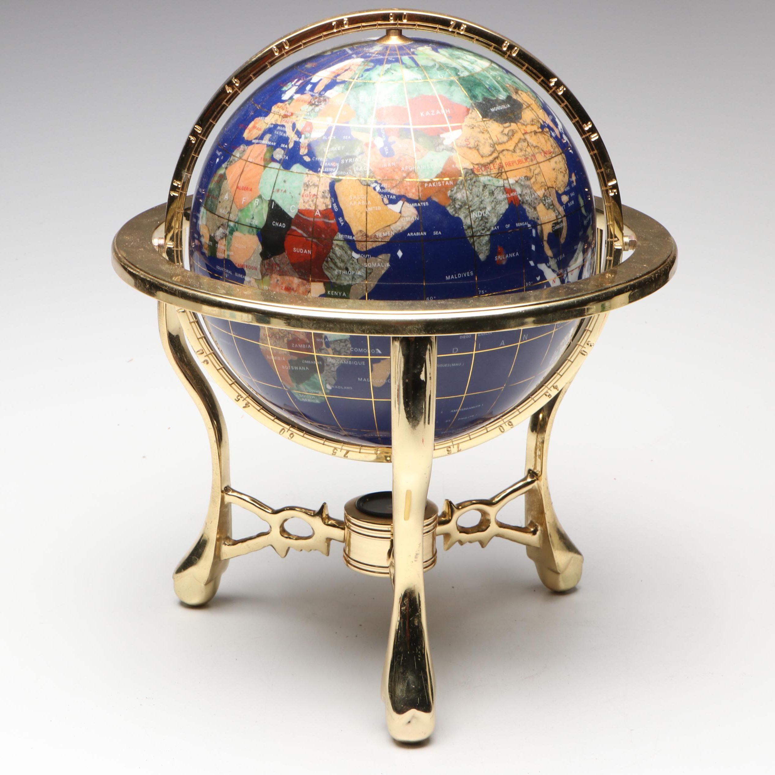 Gemstone Globe with Brass Finish Compass Stand
