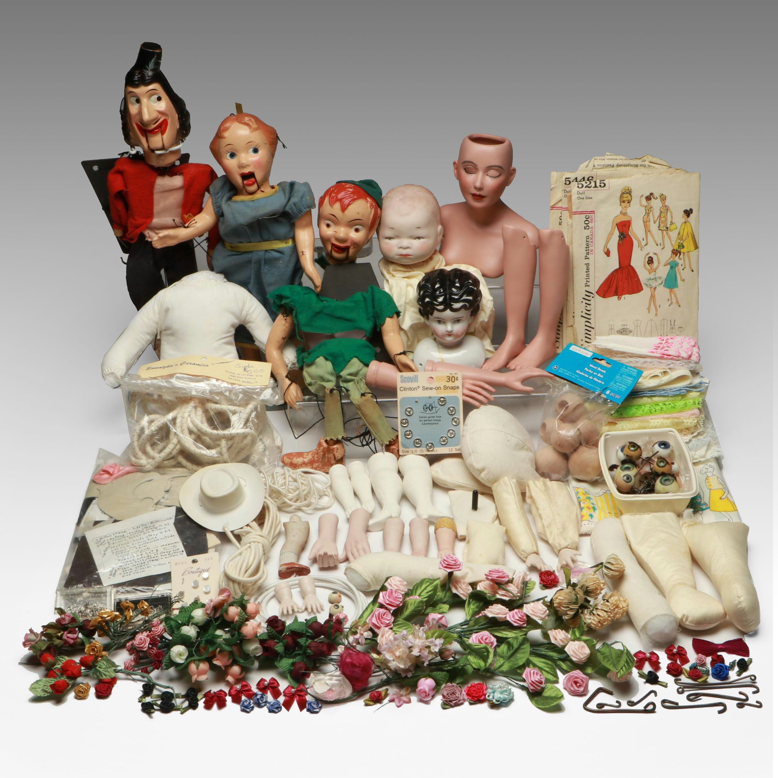 Peter Pan Marionette Dolls with Other Porcelain and Cloth Doll Parts