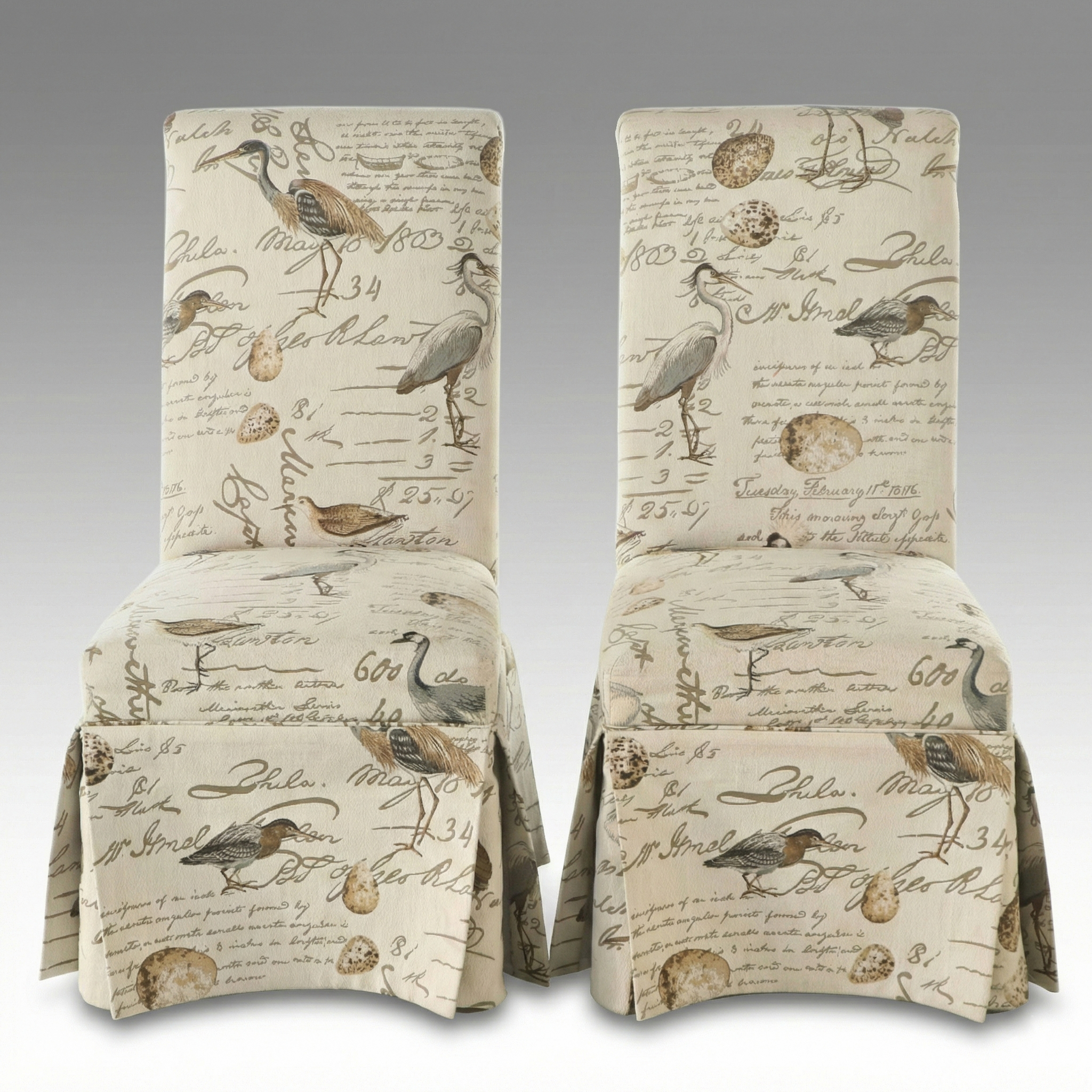 Pair of Skirted Side Chairs in Bird and Script Pattern Upholstery