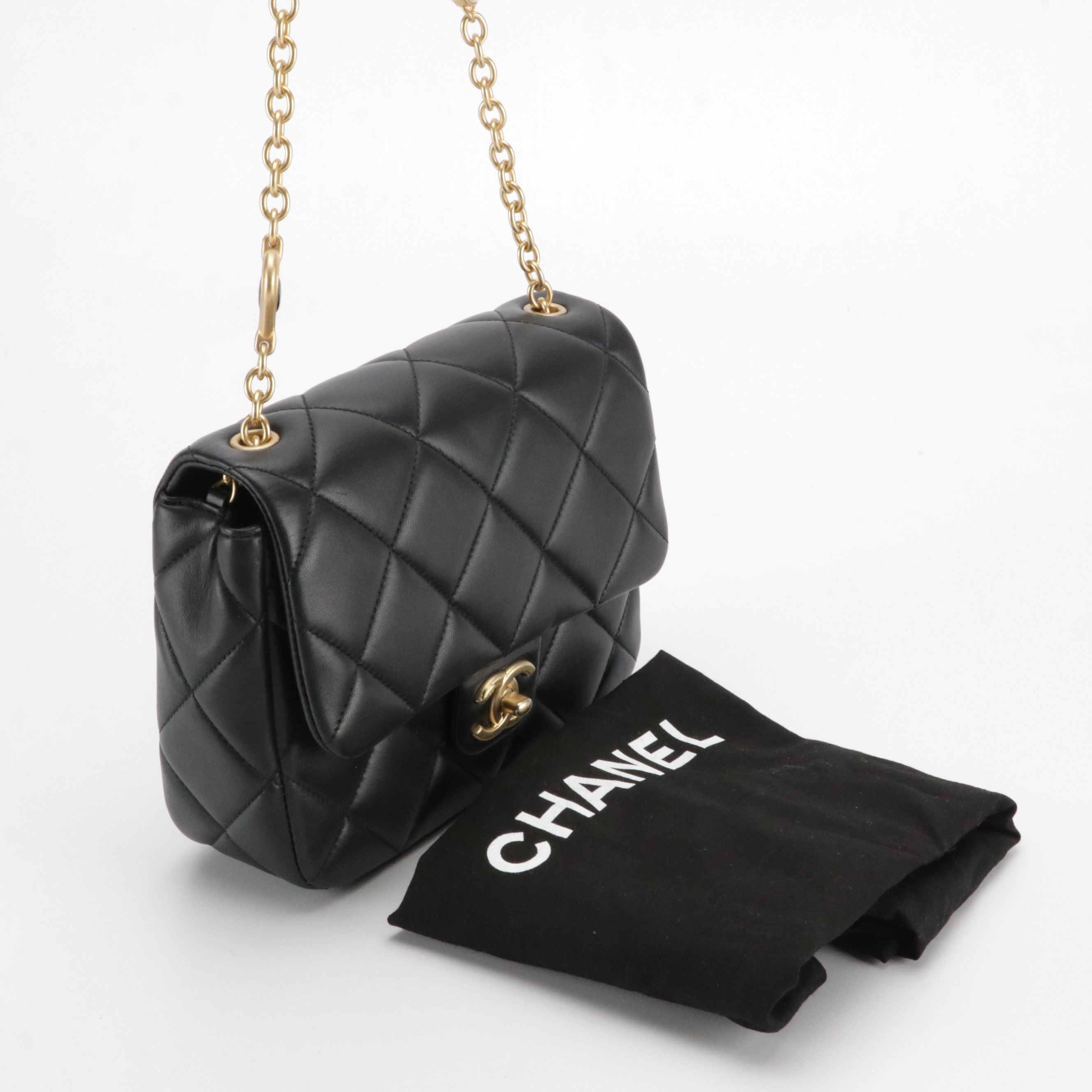 Chanel Charm Me Pearl Chain Strap Mini Flap Bag in Black Lambskin Leather