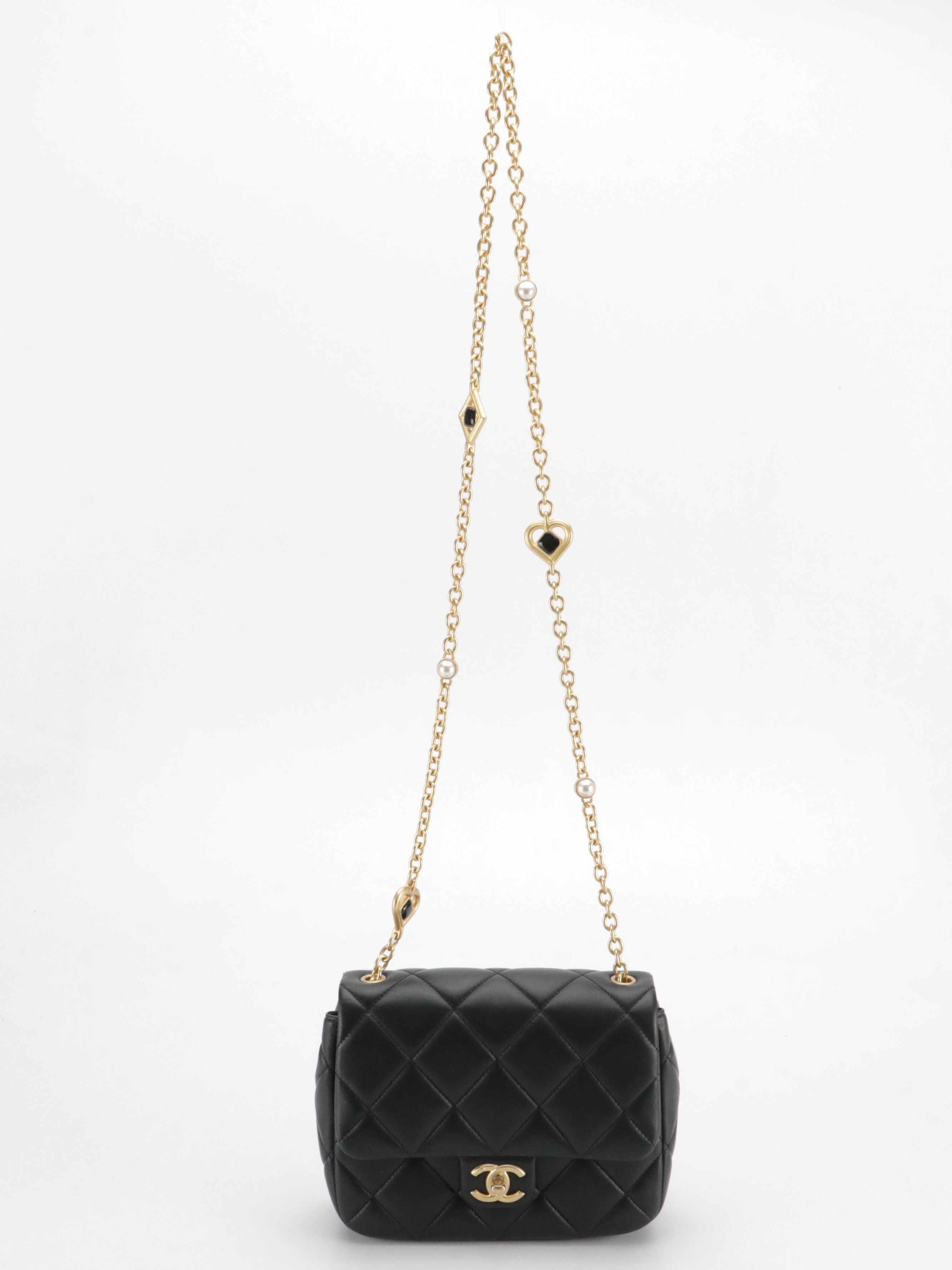 Chanel Charm Me Pearl Chain Strap Mini Flap Bag in Black Lambskin Leather