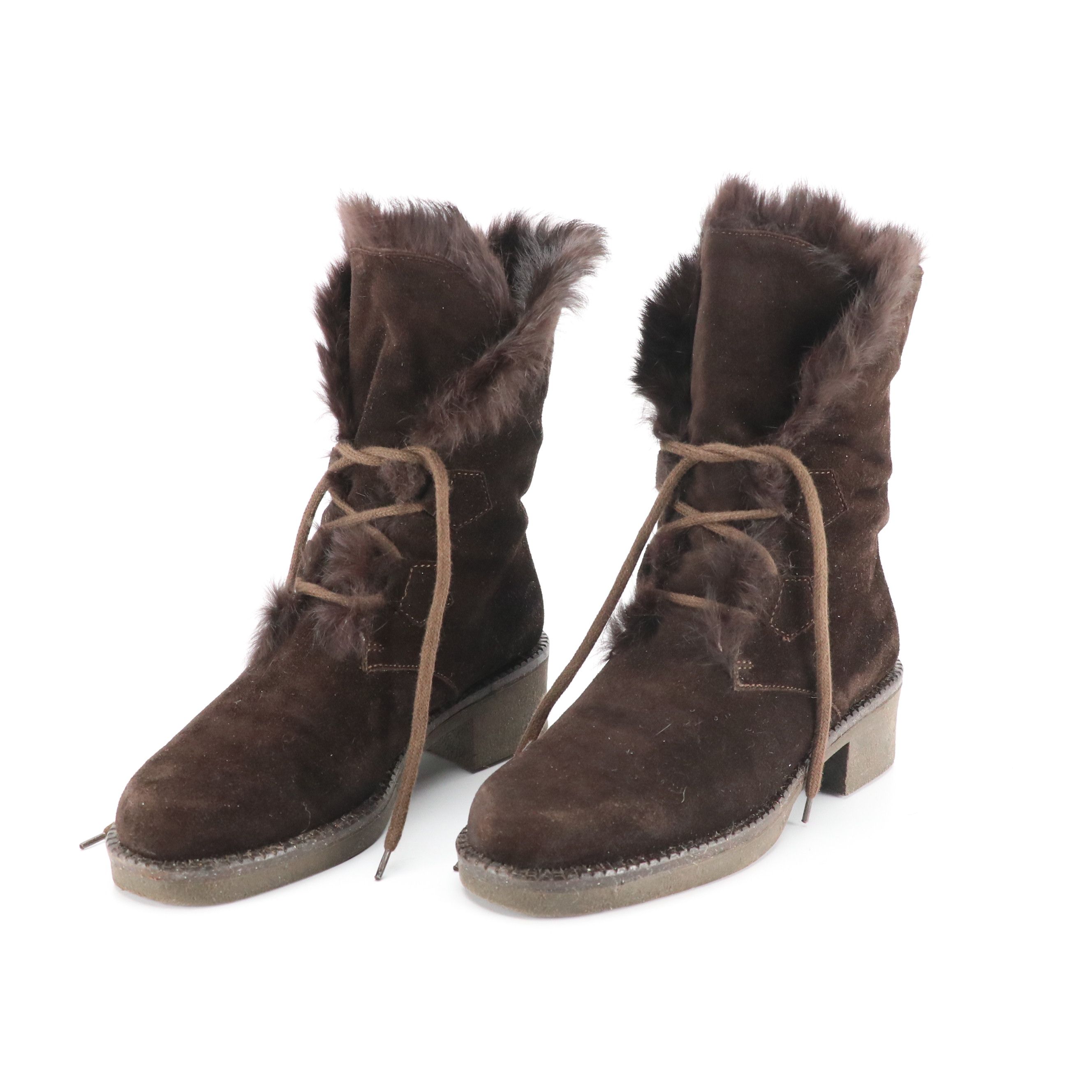 Vicini Dark Brown Rabbit Fur-Lined Suede Boots, With Box