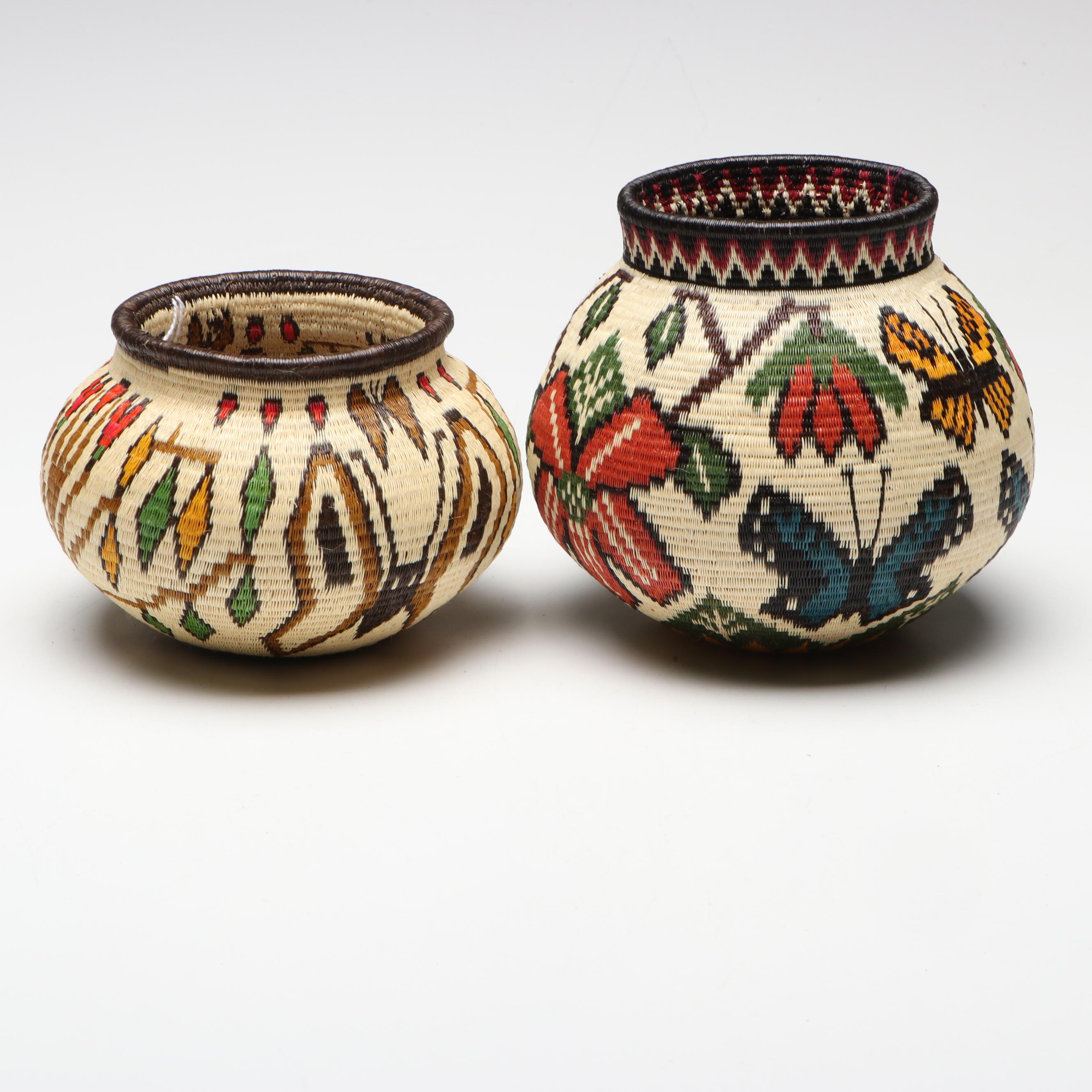 Panamanian Emberá-Wounaan Chunga Fiber Baskets Depicting Foliage and Butterflies