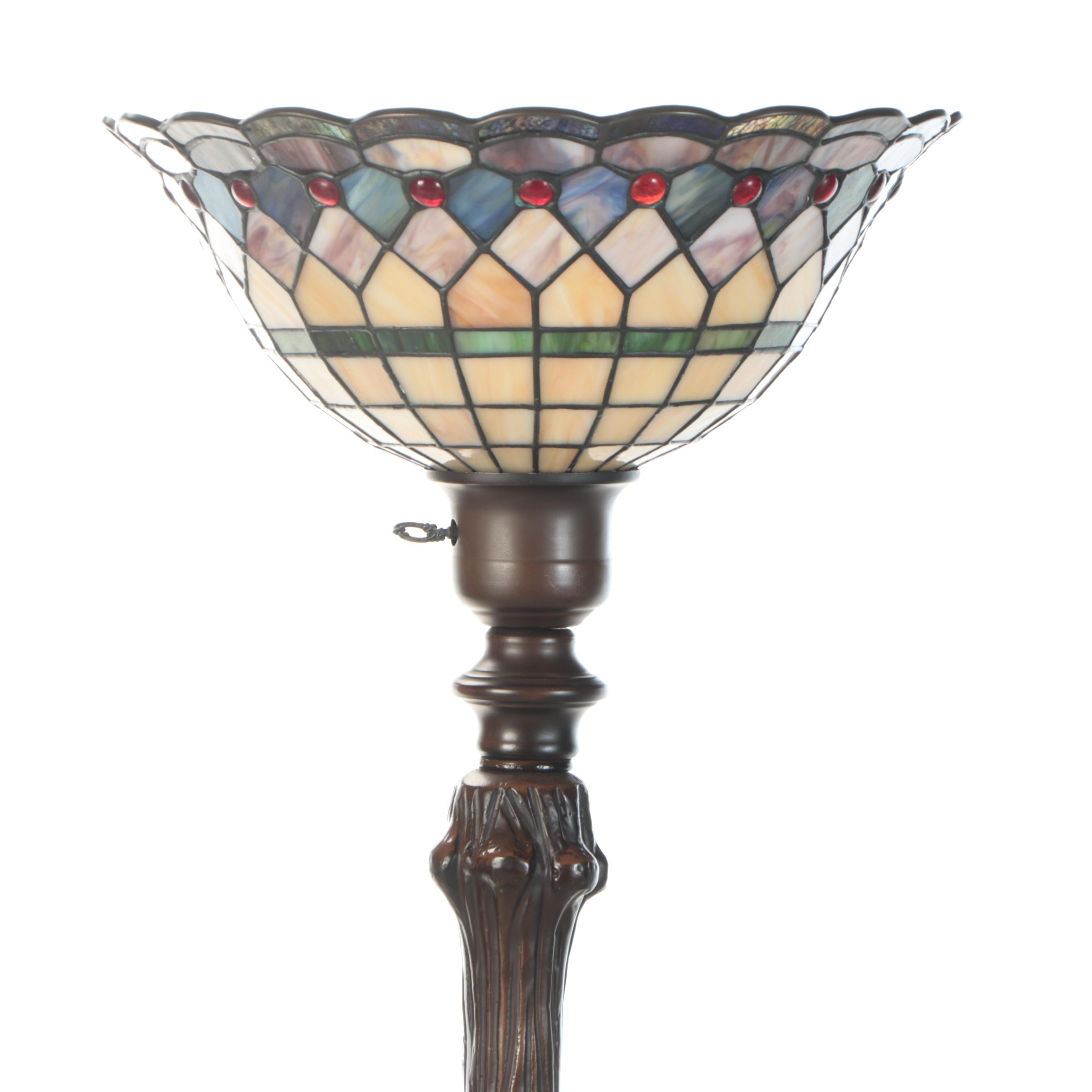 Art Nouveau Style Faux Bois Floor Lamp with Slag Glass Torchère Shade