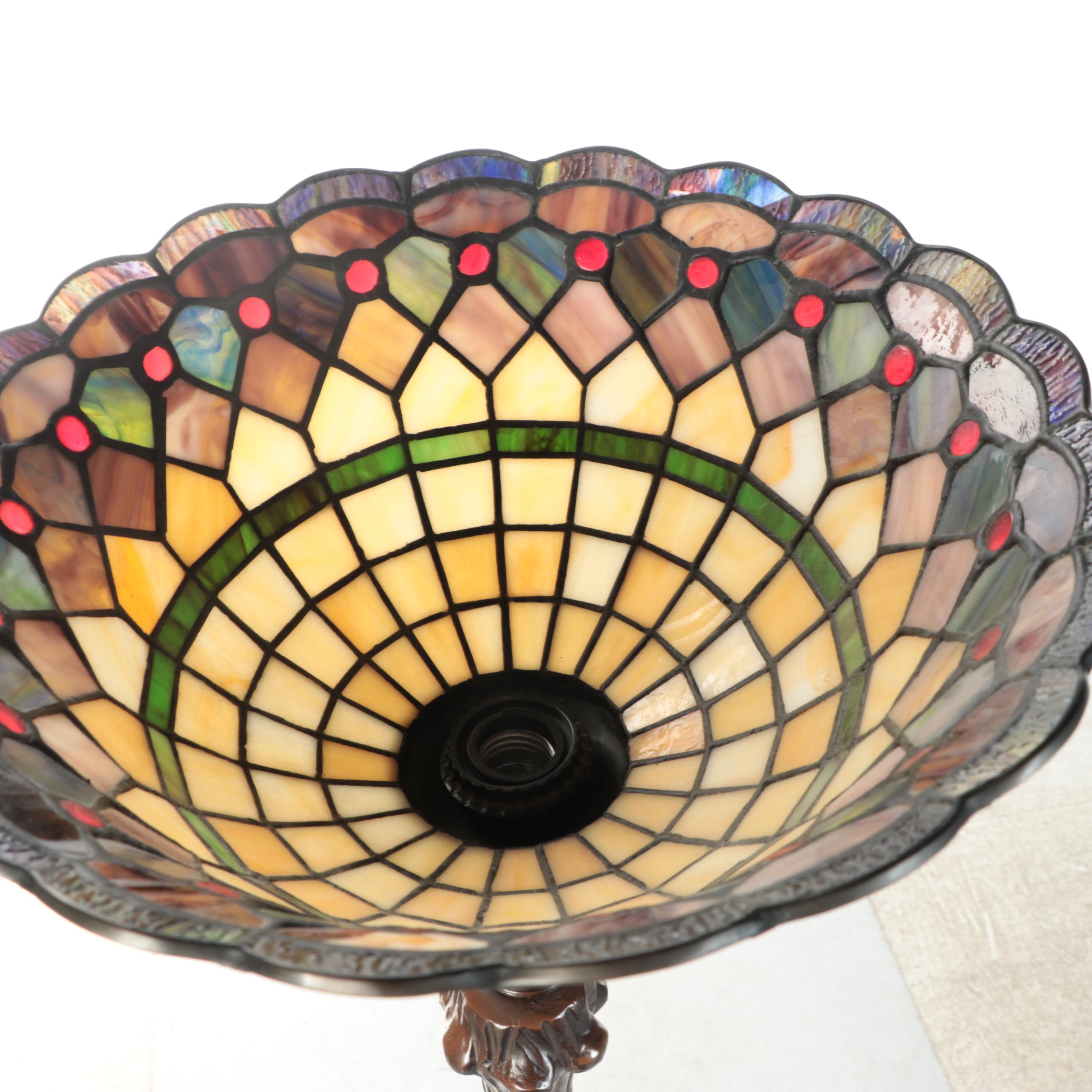 Art Nouveau Style Faux Bois Floor Lamp with Slag Glass Torchère Shade