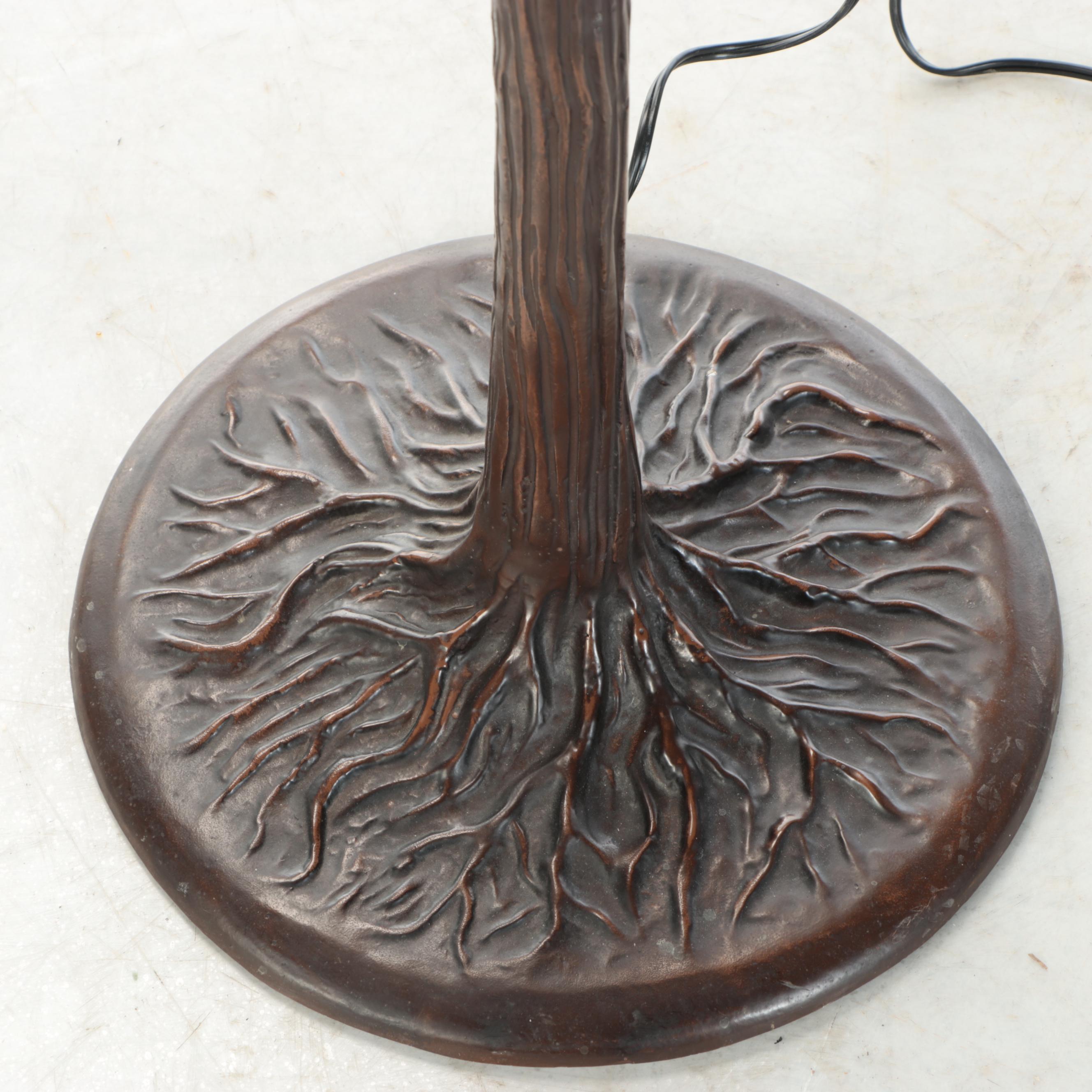 Art Nouveau Style Faux Bois Floor Lamp with Slag Glass Torchère Shade