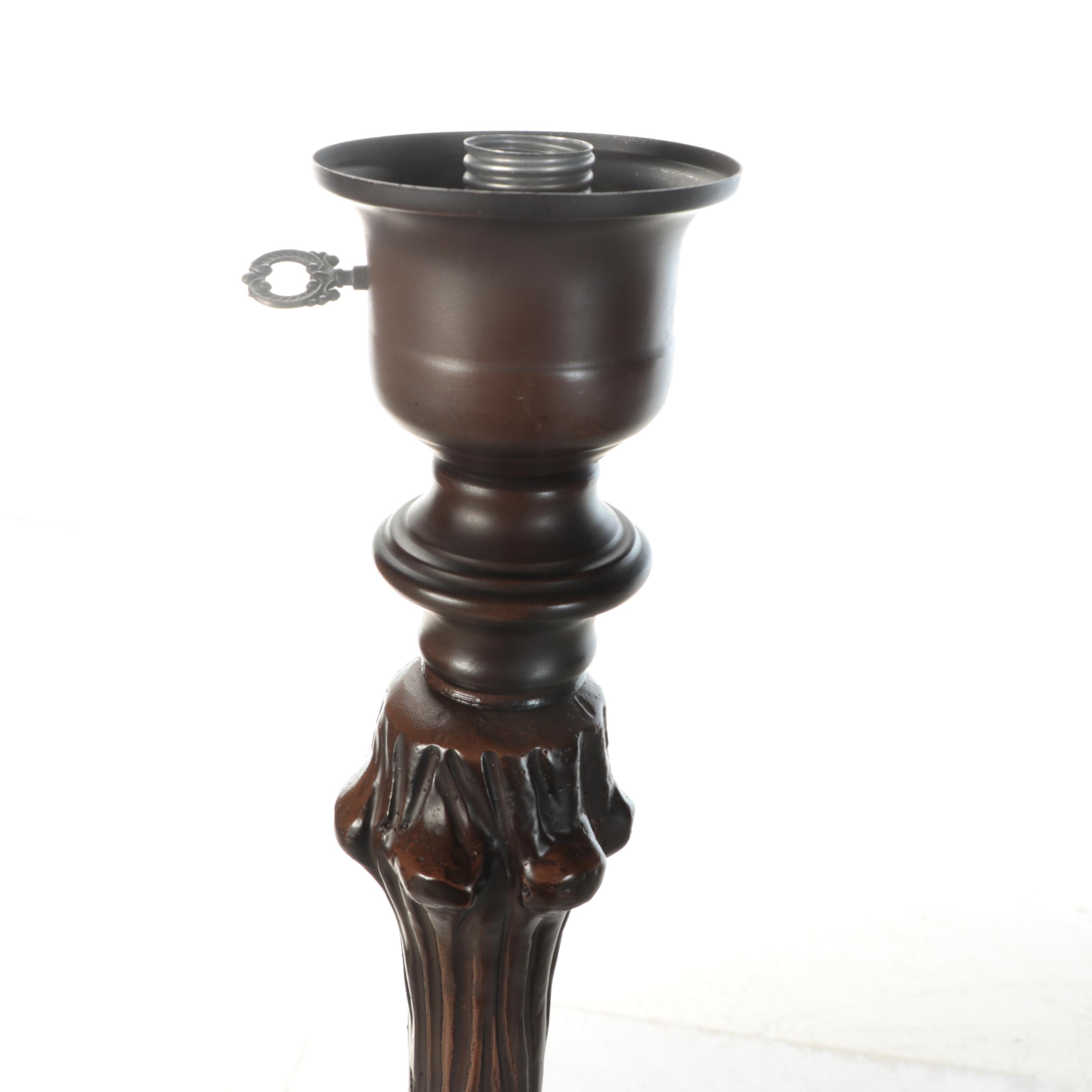 Art Nouveau Style Faux Bois Floor Lamp with Slag Glass Torchère Shade