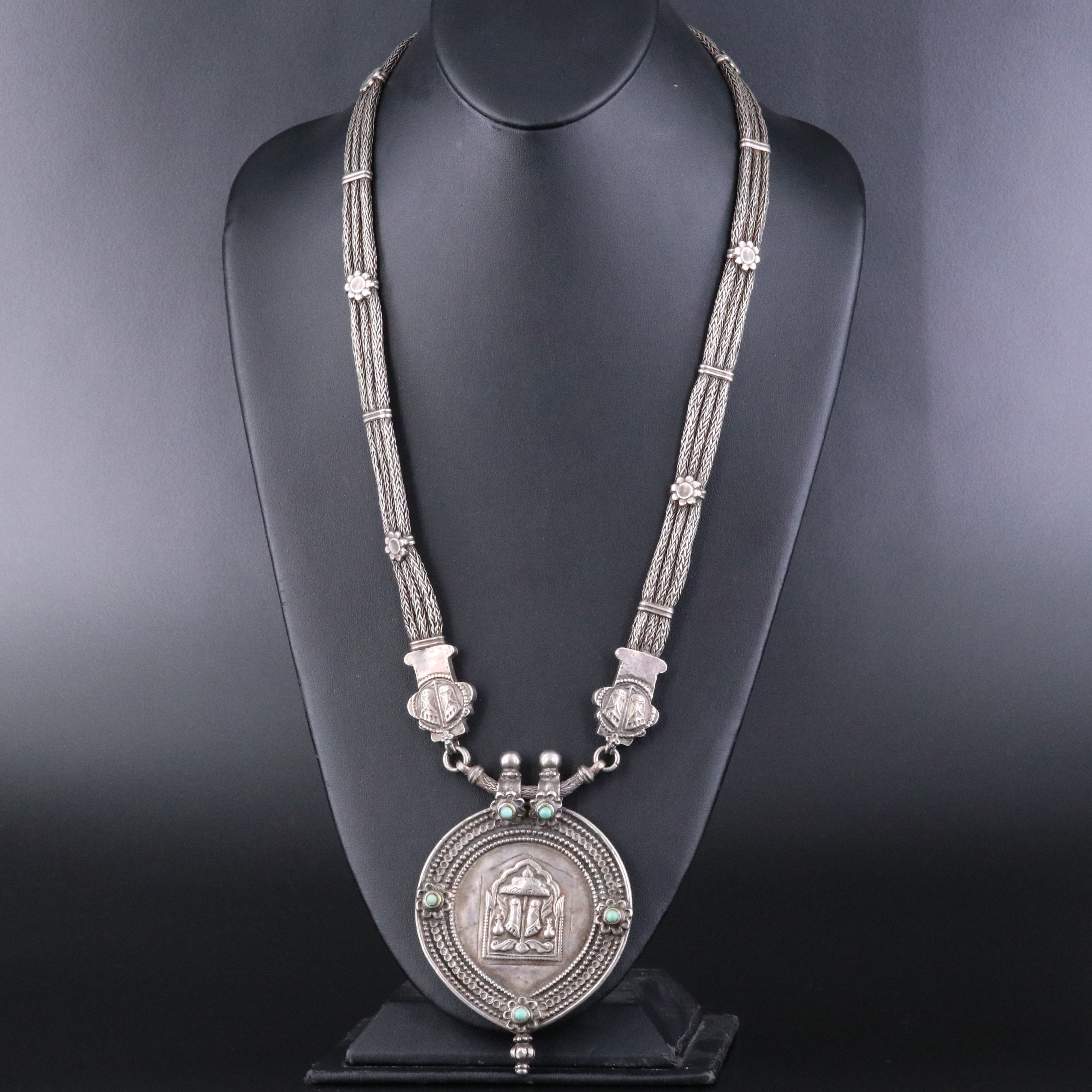 Indian Rajasthani 900 Silver Turquoise Paduka Talisman Necklace