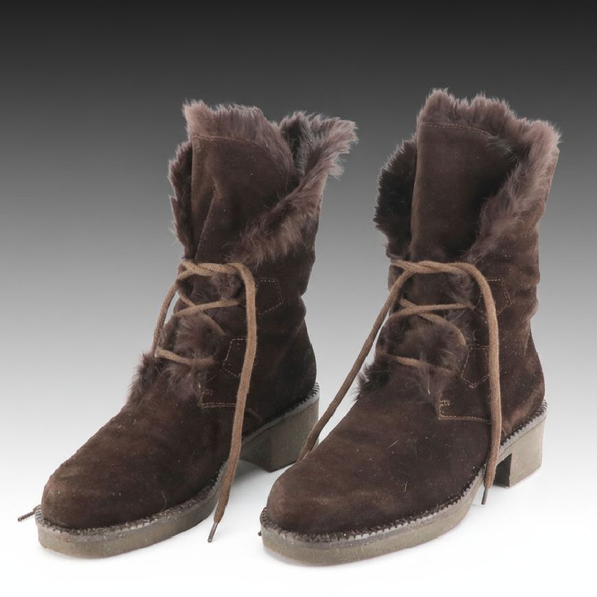 Vicini Dark Brown Rabbit Fur-Lined Suede Boots, With Box