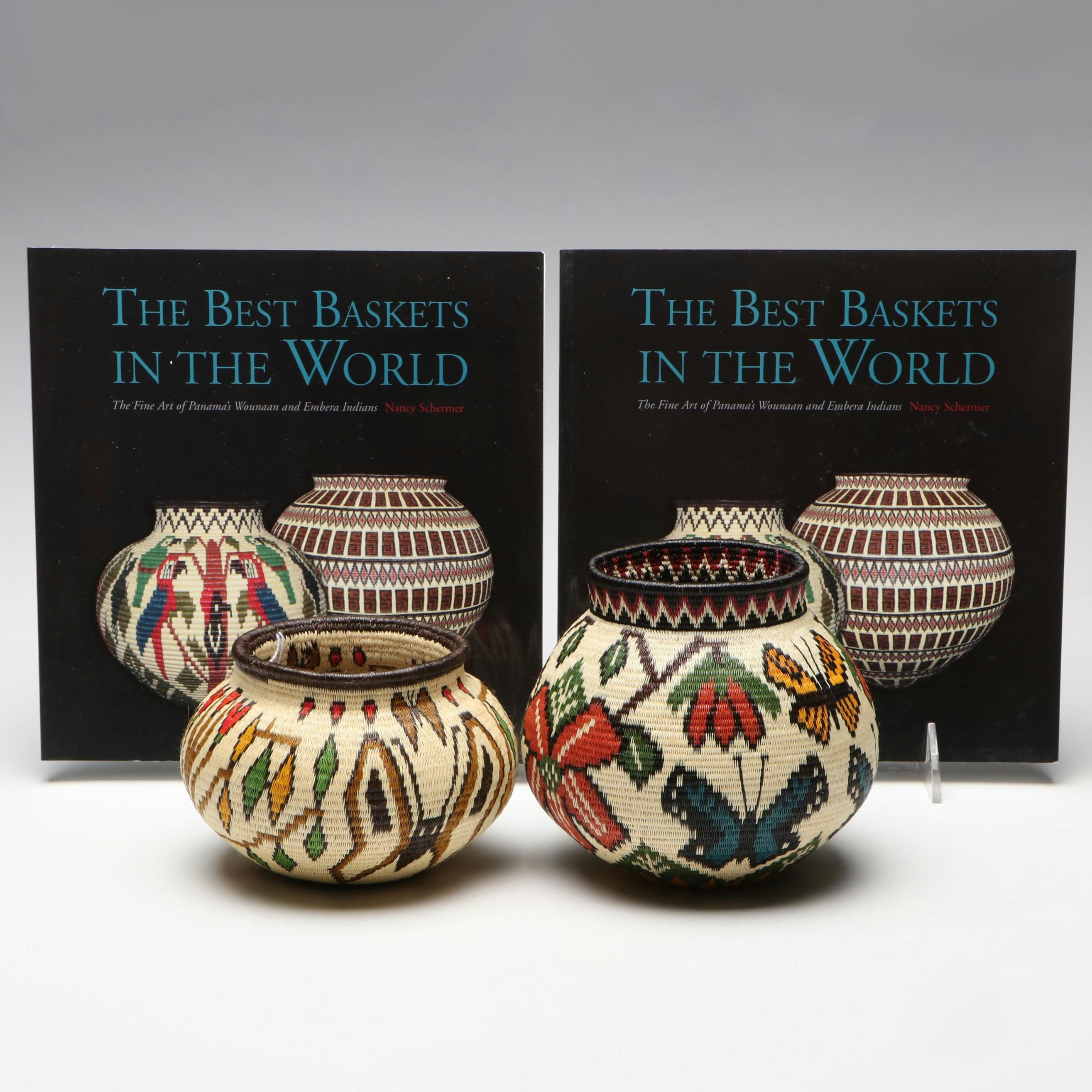 Panamanian Emberá-Wounaan Chunga Fiber Baskets Depicting Foliage and Butterflies