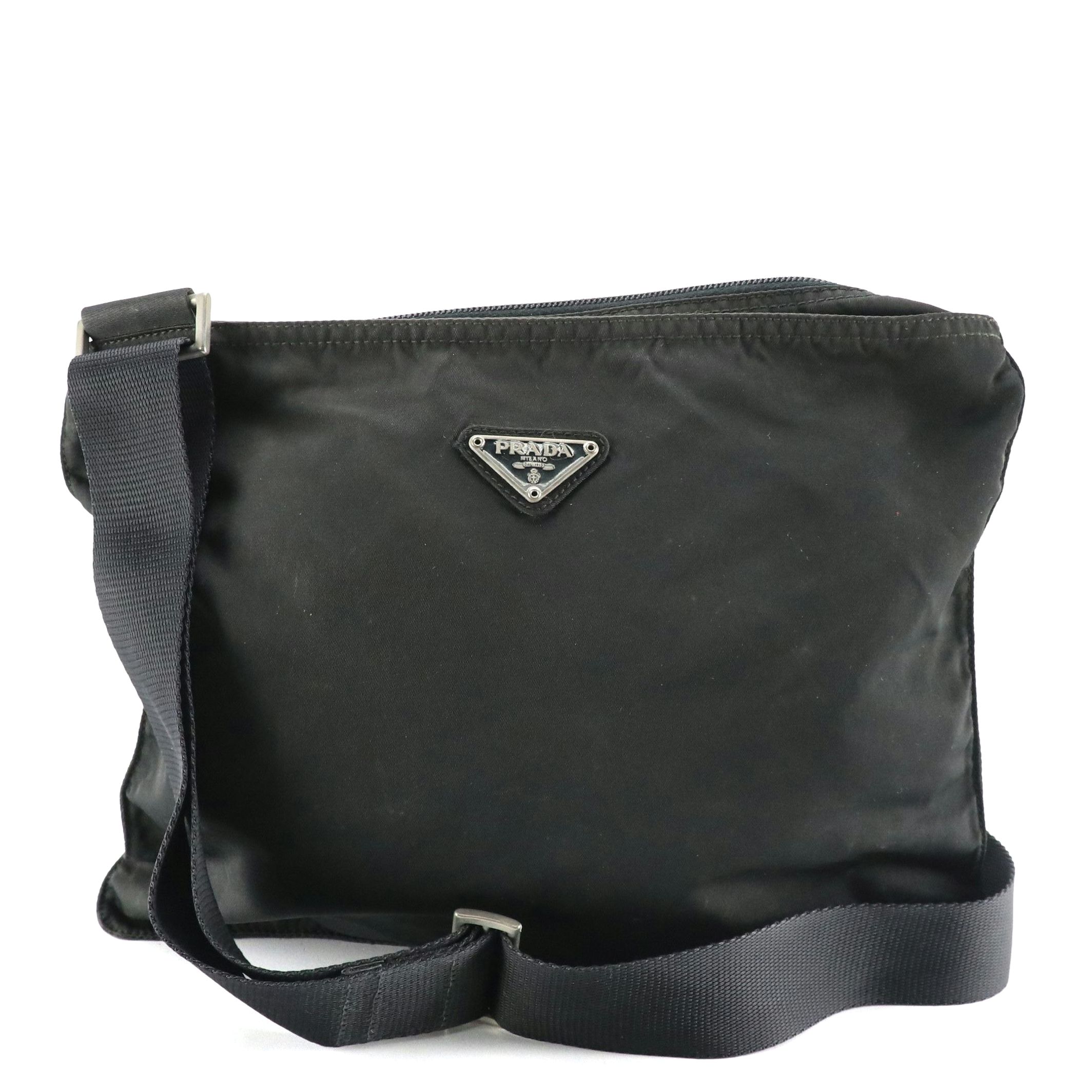 Prada Flat Zippered Messenger Bag in Black Tessuto Nylon