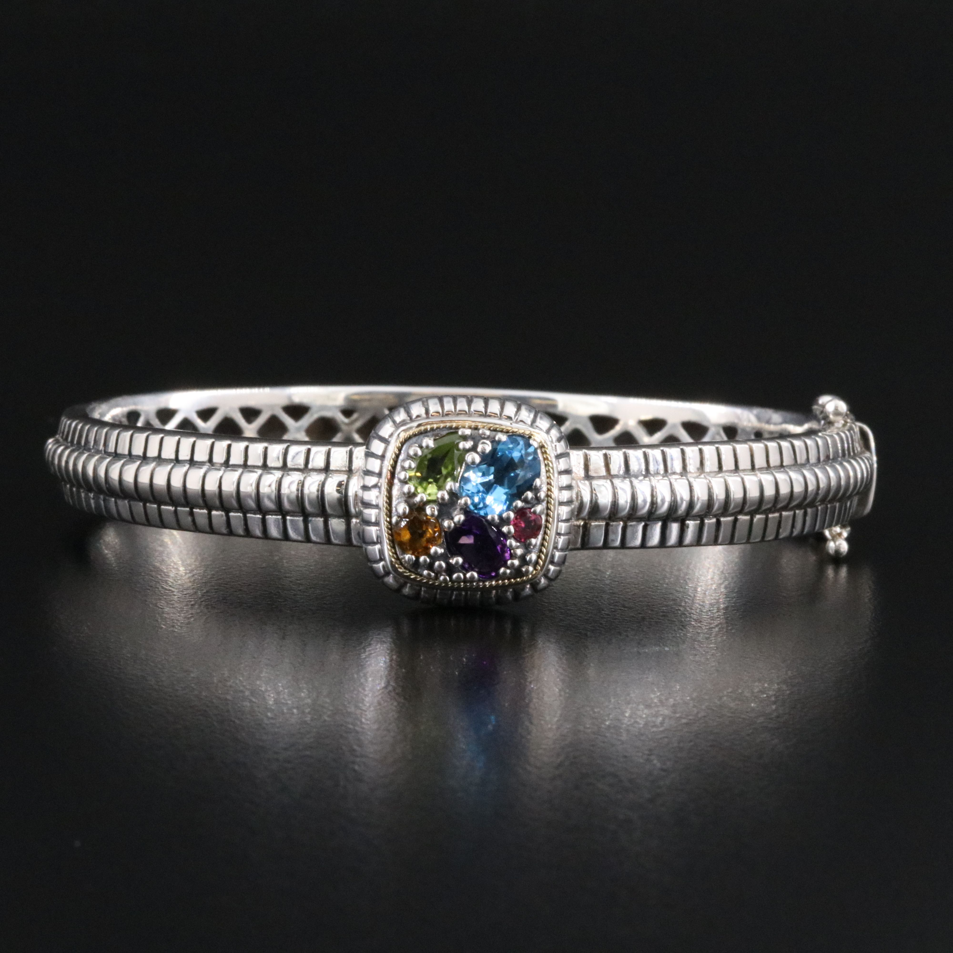 Sterling Hinged Bangle Bracelet with 18K Accent Including Amethyst and Peridot