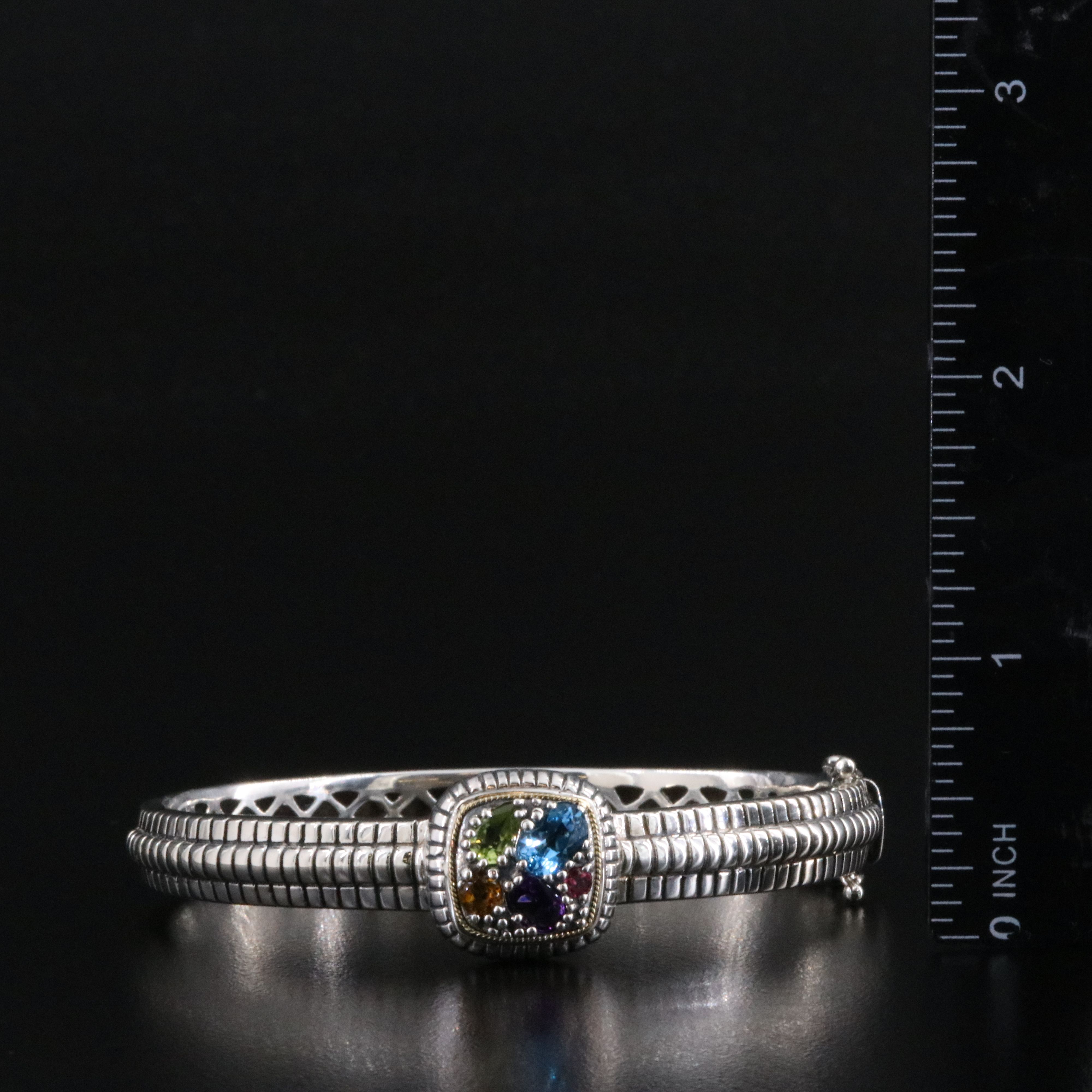 Sterling Hinged Bangle Bracelet with 18K Accent Including Amethyst and Peridot