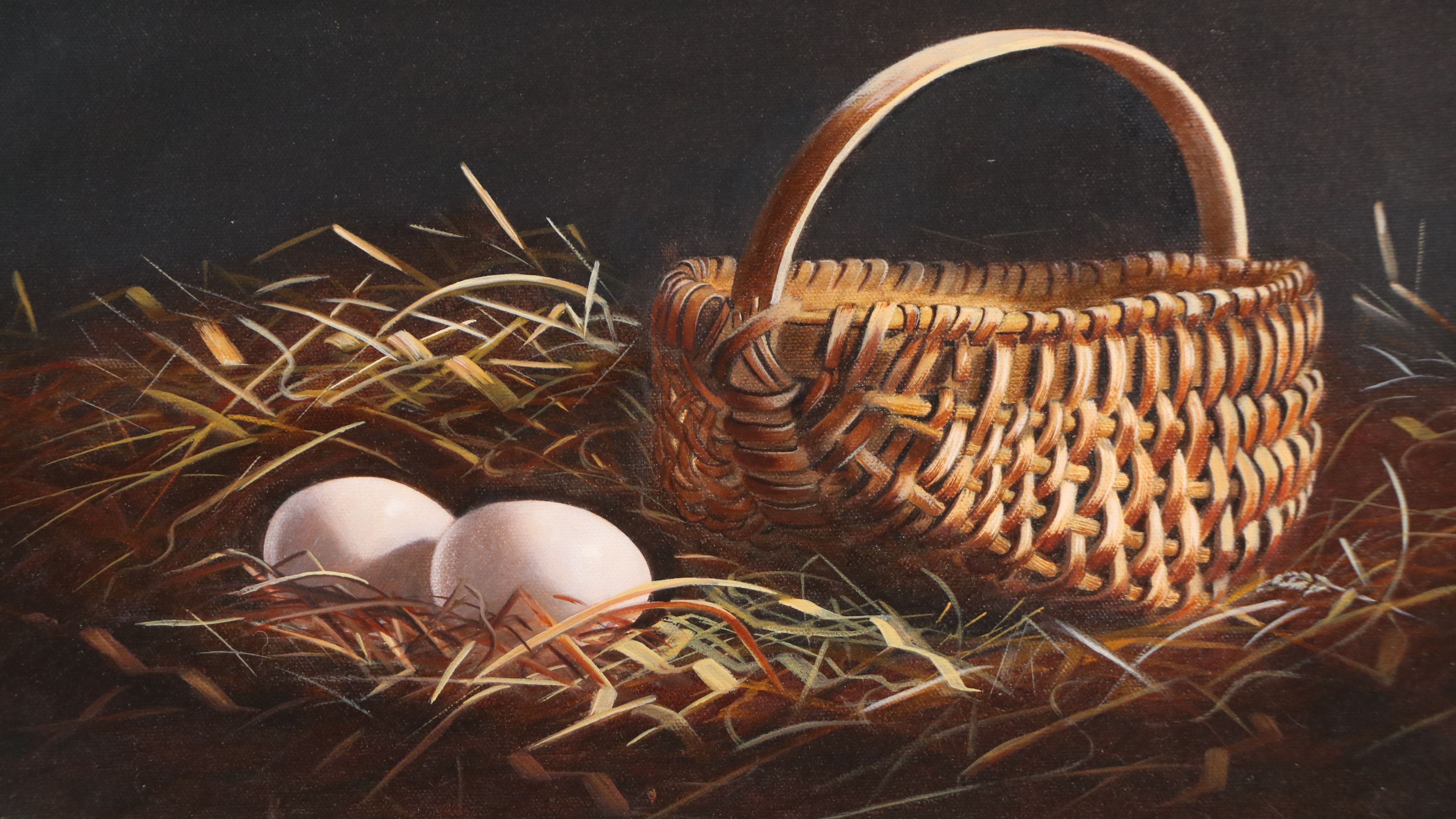 Still Life Oil Painting of Basket and Two Eggs, 21st Century