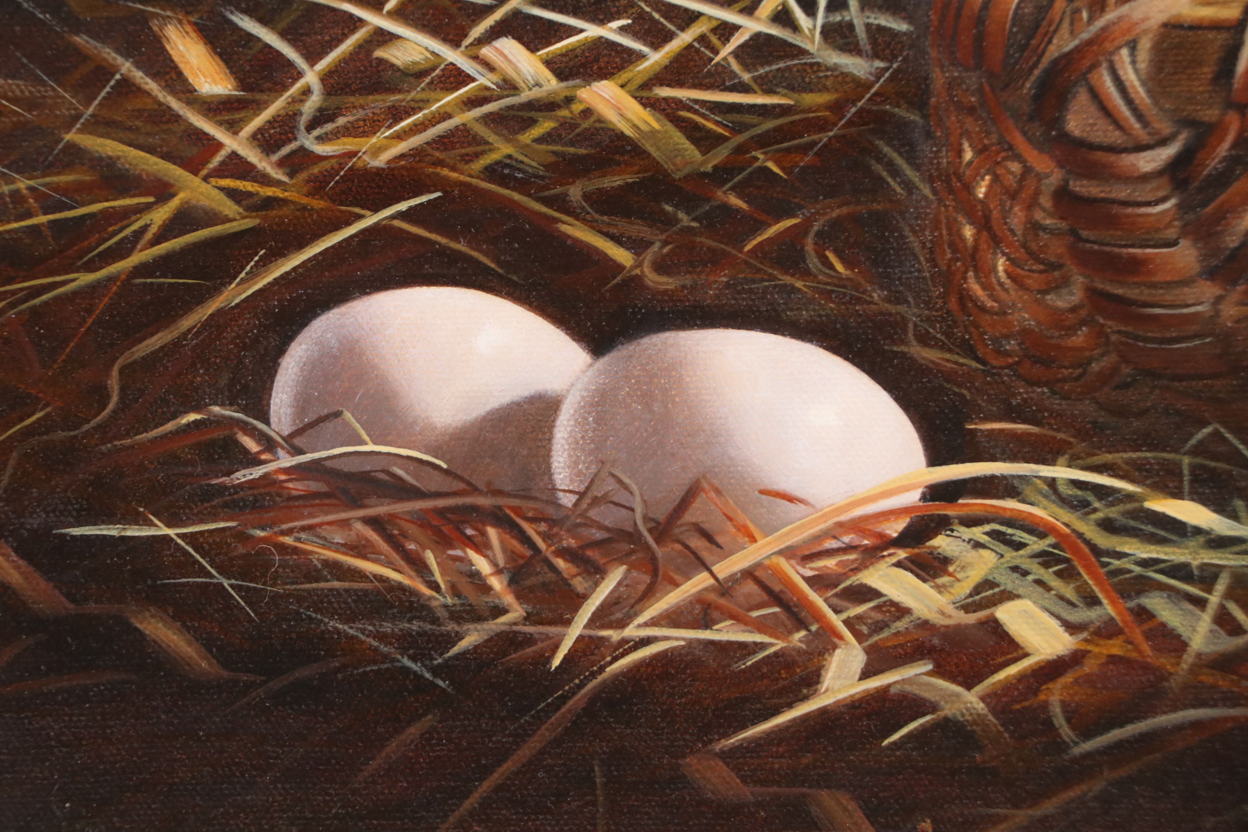 Still Life Oil Painting of Basket and Two Eggs, 21st Century