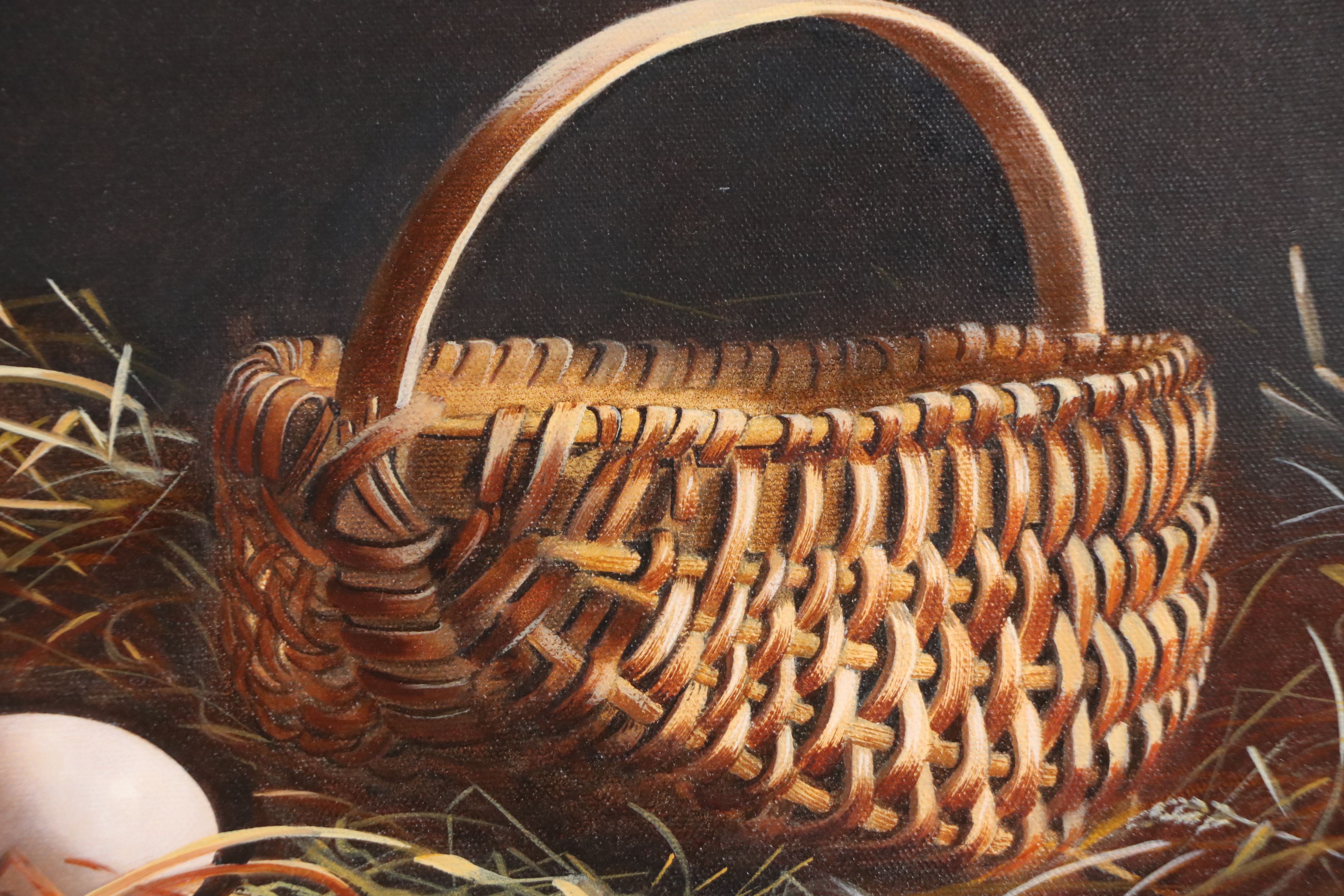 Still Life Oil Painting of Basket and Two Eggs, 21st Century