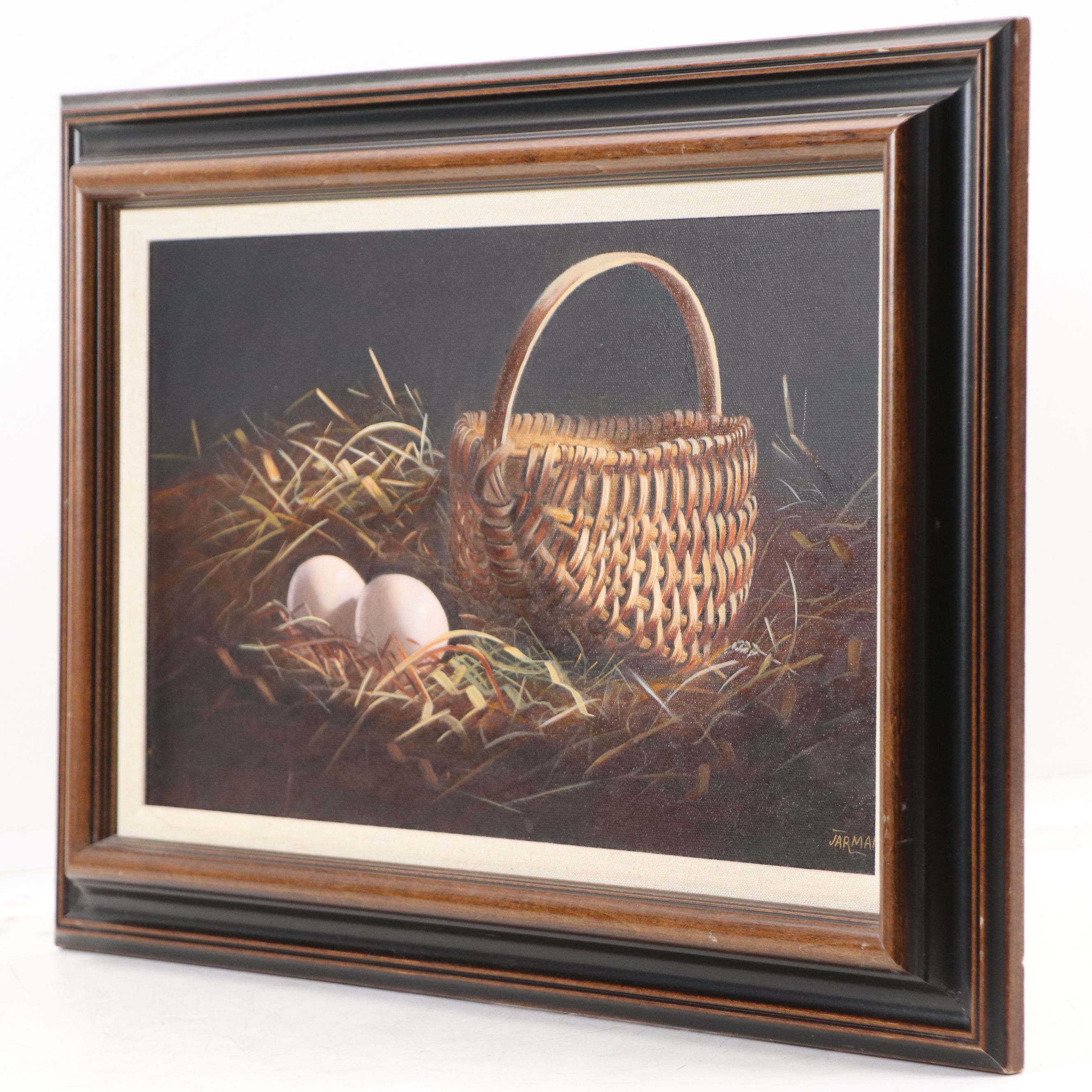 Still Life Oil Painting of Basket and Two Eggs, 21st Century