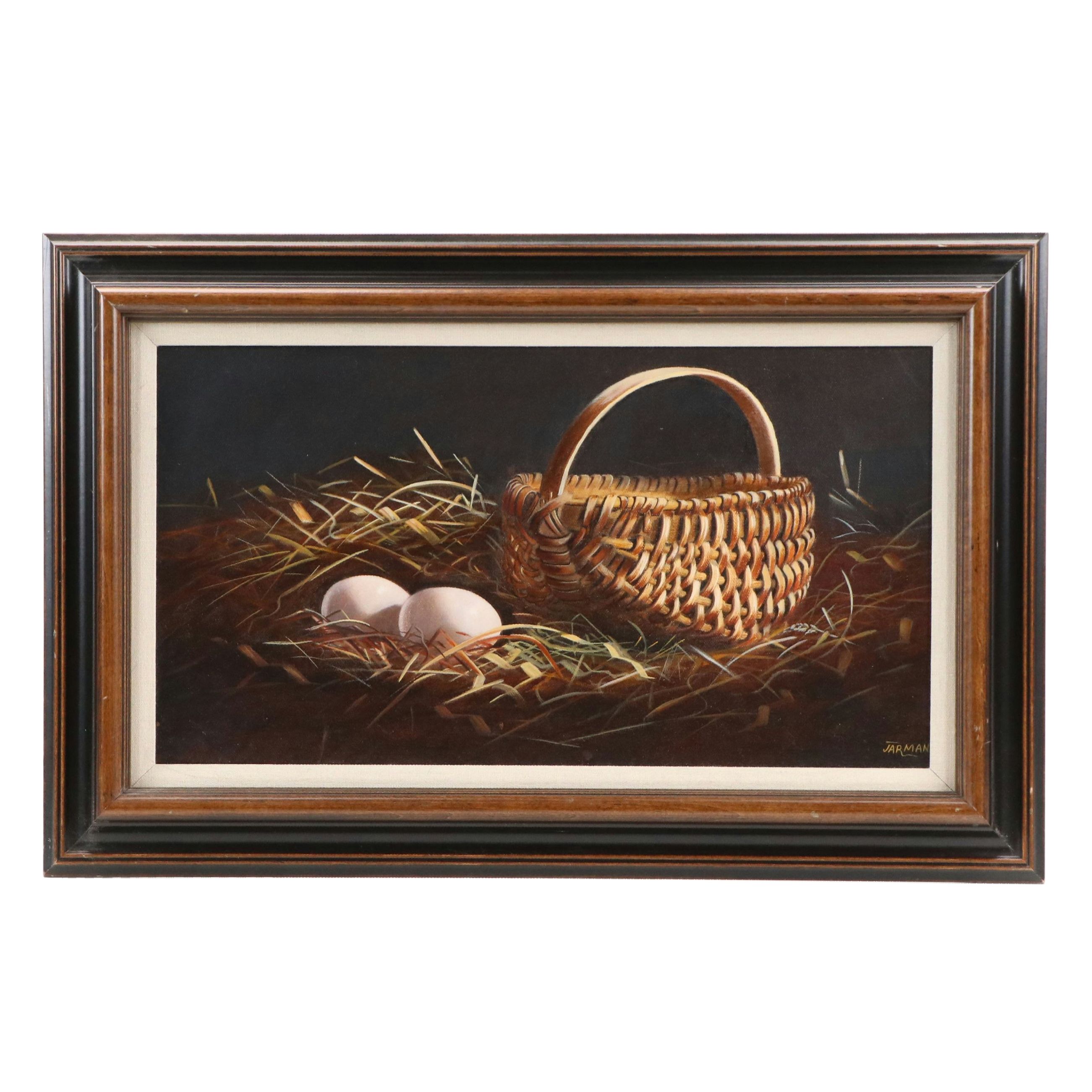 Still Life Oil Painting of Basket and Two Eggs, 21st Century