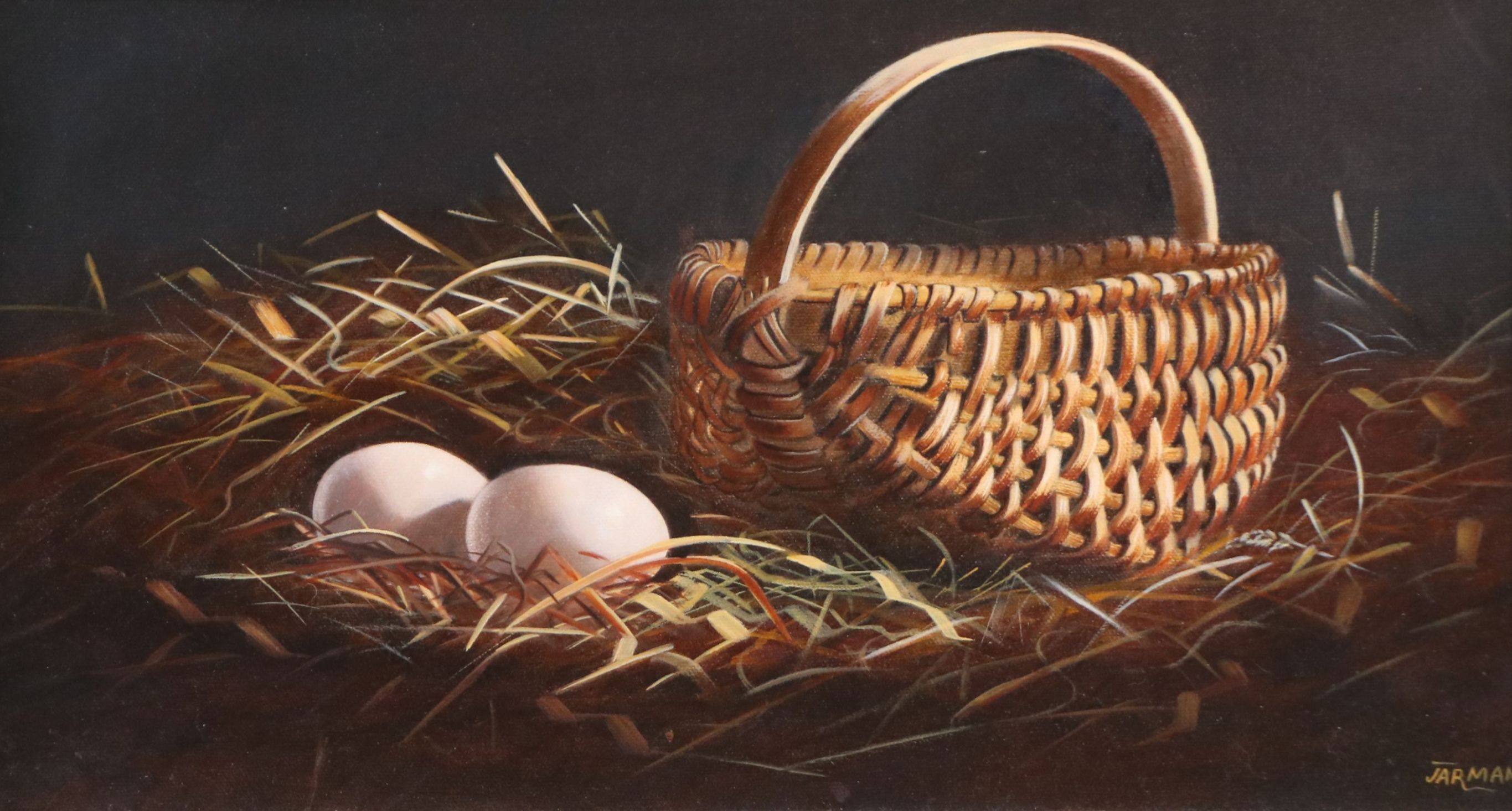 Still Life Oil Painting of Basket and Two Eggs, 21st Century