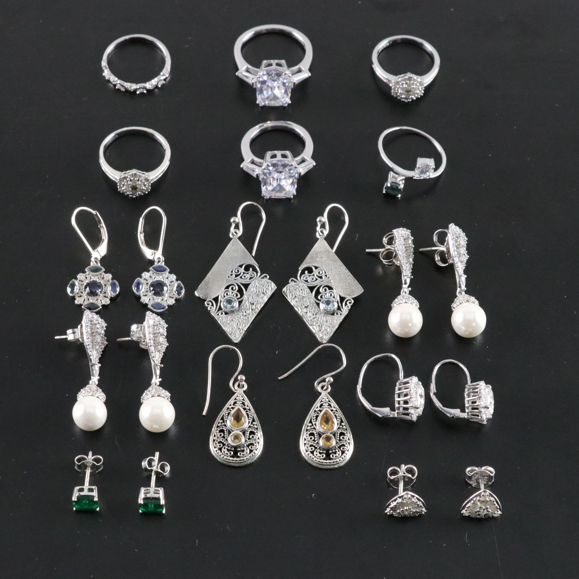 14 Assorted Sterling Silver Rings and Earrings