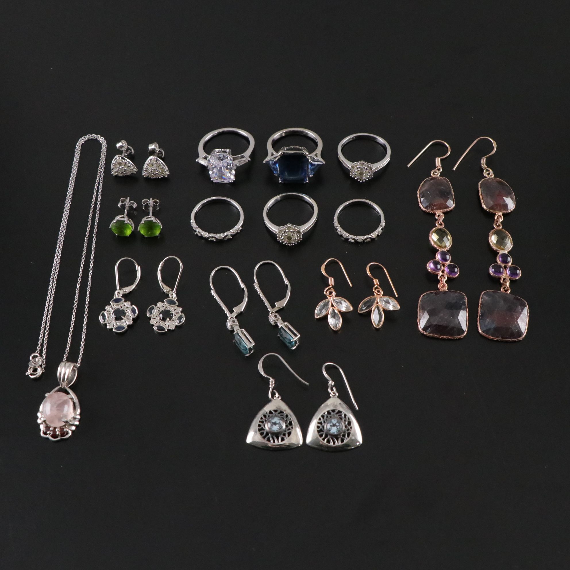 14 Assorted Sterling Silver Rings, Earrings and Necklace