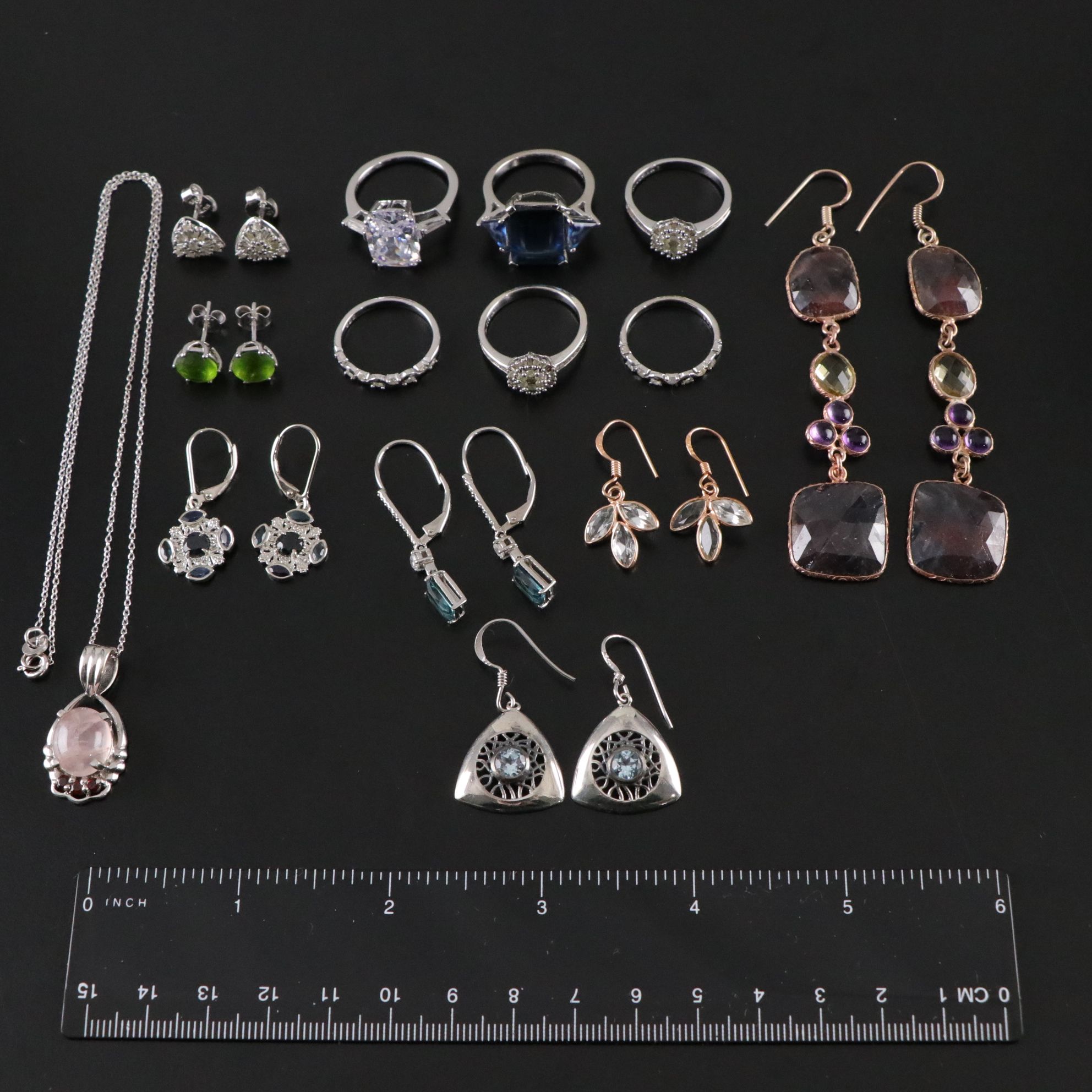 14 Assorted Sterling Silver Rings, Earrings and Necklace