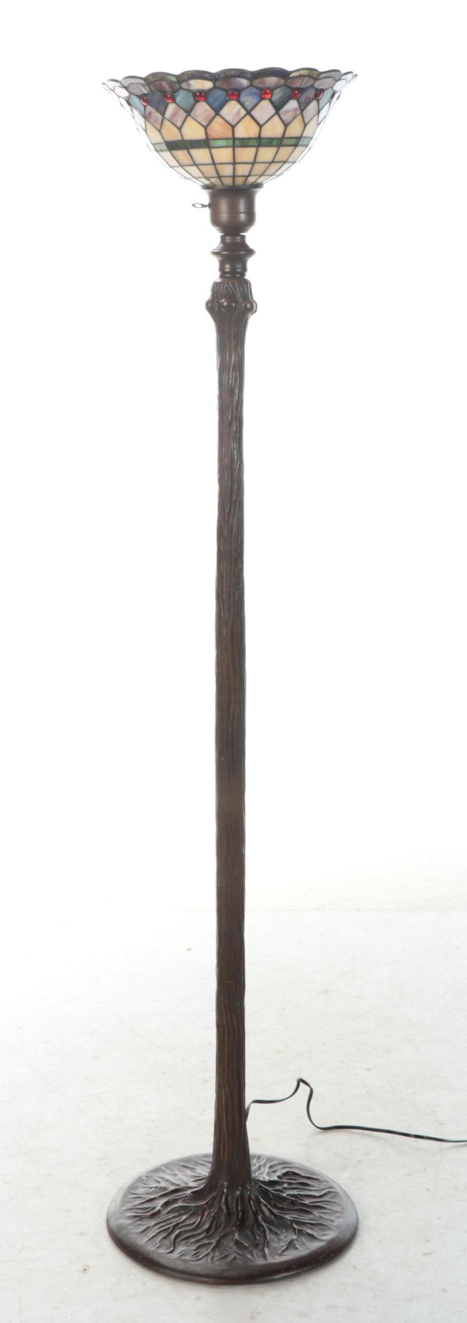 Art Nouveau Style Faux Bois Floor Lamp with Slag Glass Torchère Shade