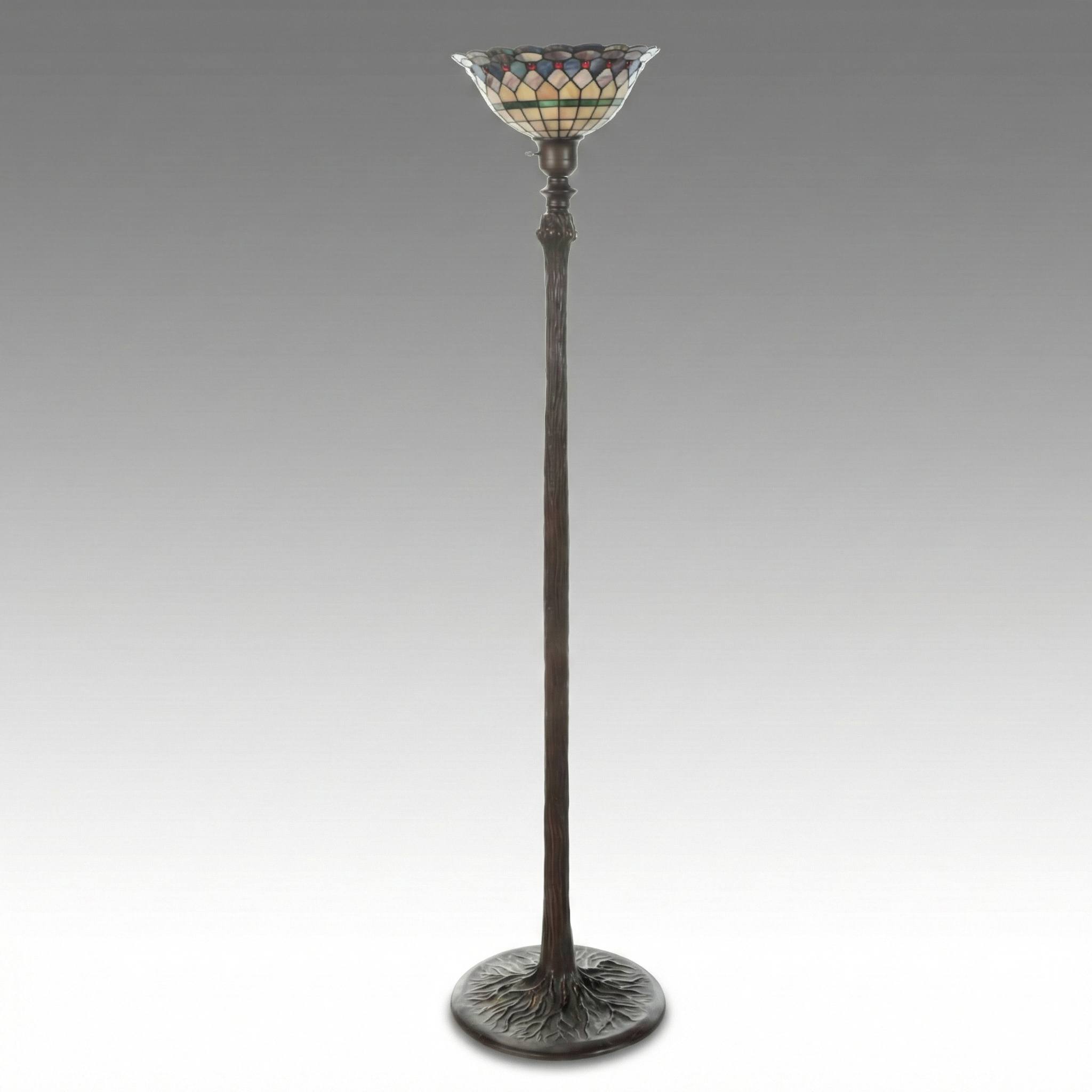 Art Nouveau Style Faux Bois Floor Lamp with Slag Glass Torchère Shade