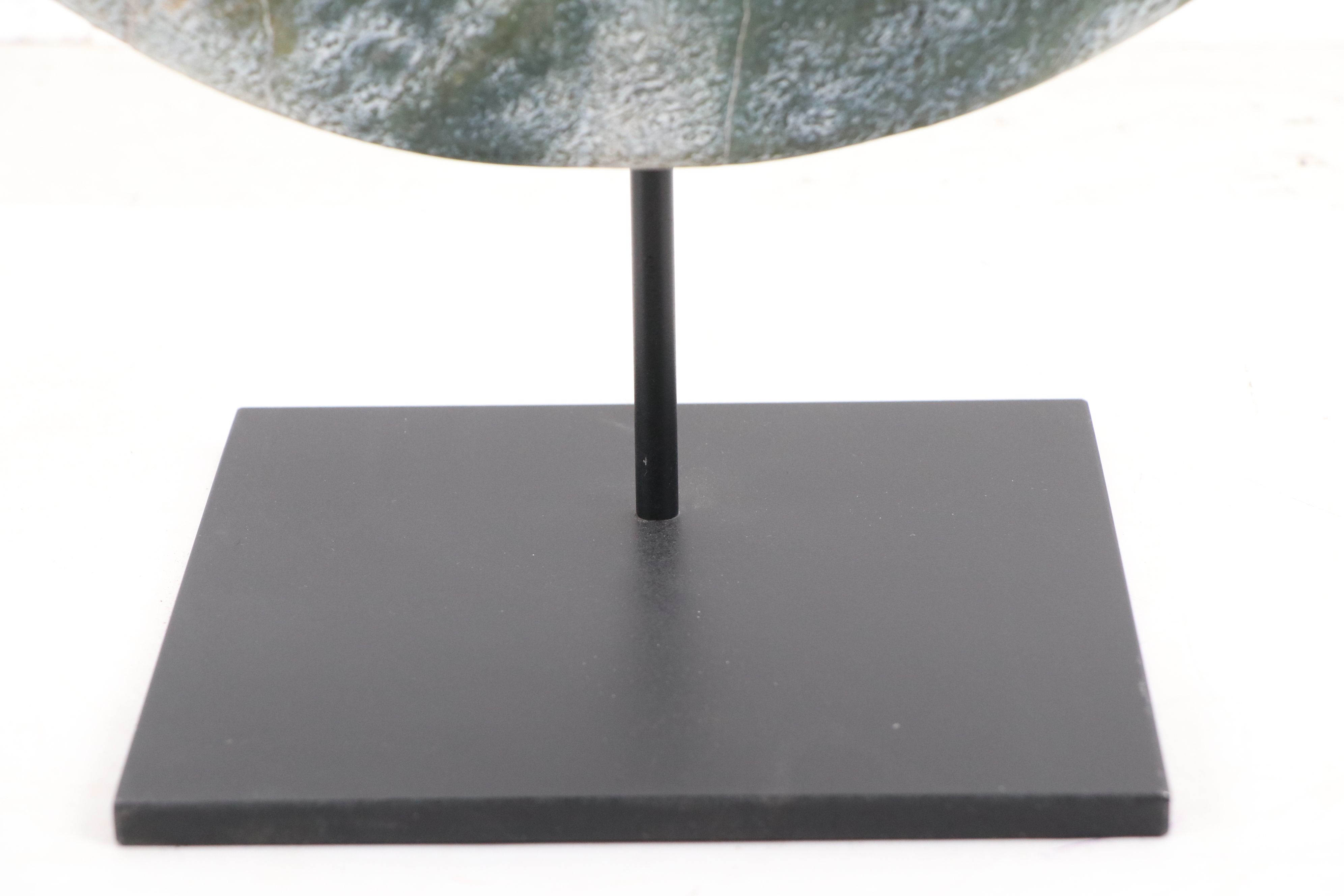 Large Chinese Carved Serpentine Bi Disc with Custom Metal Stand