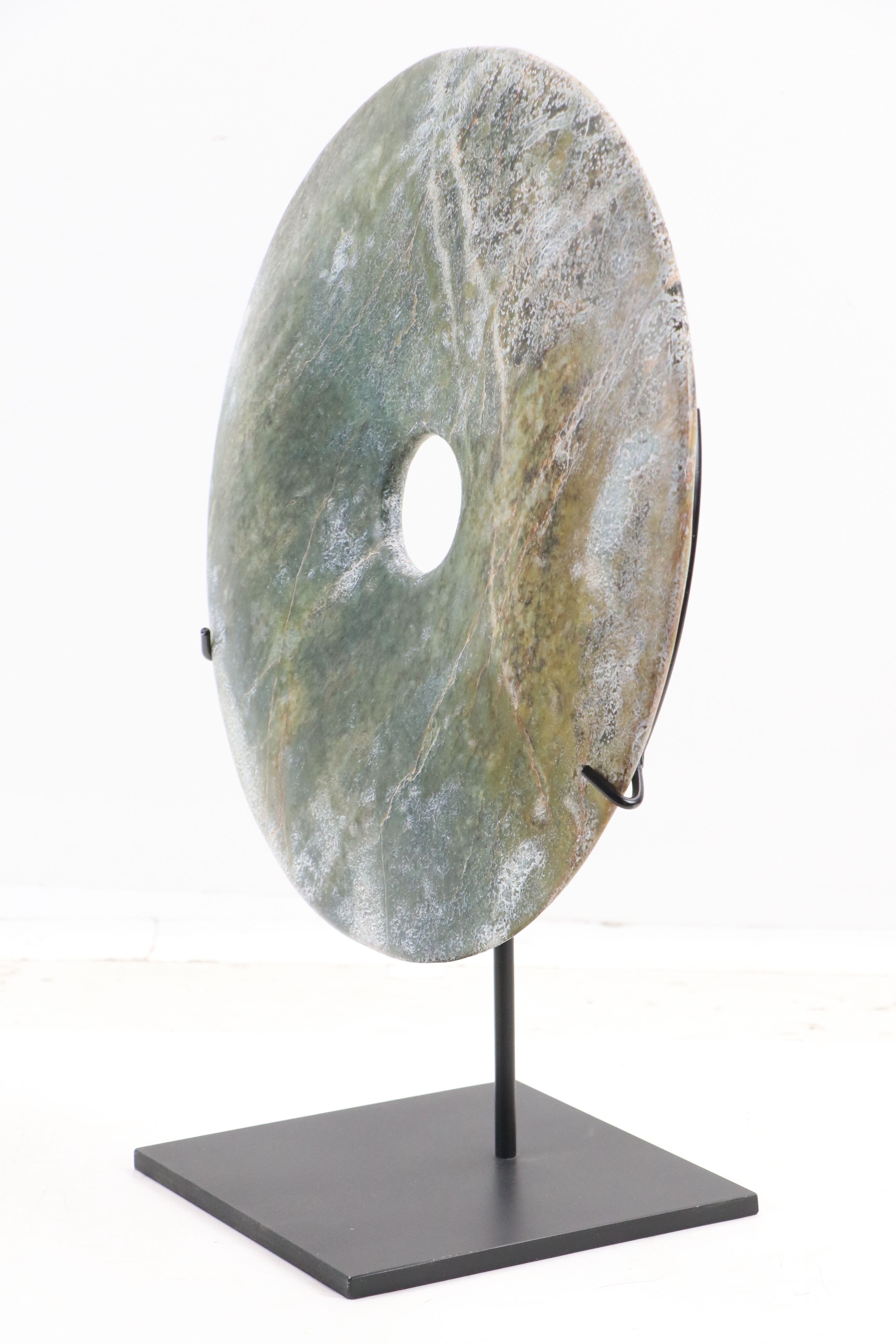 Large Chinese Carved Serpentine Bi Disc with Custom Metal Stand