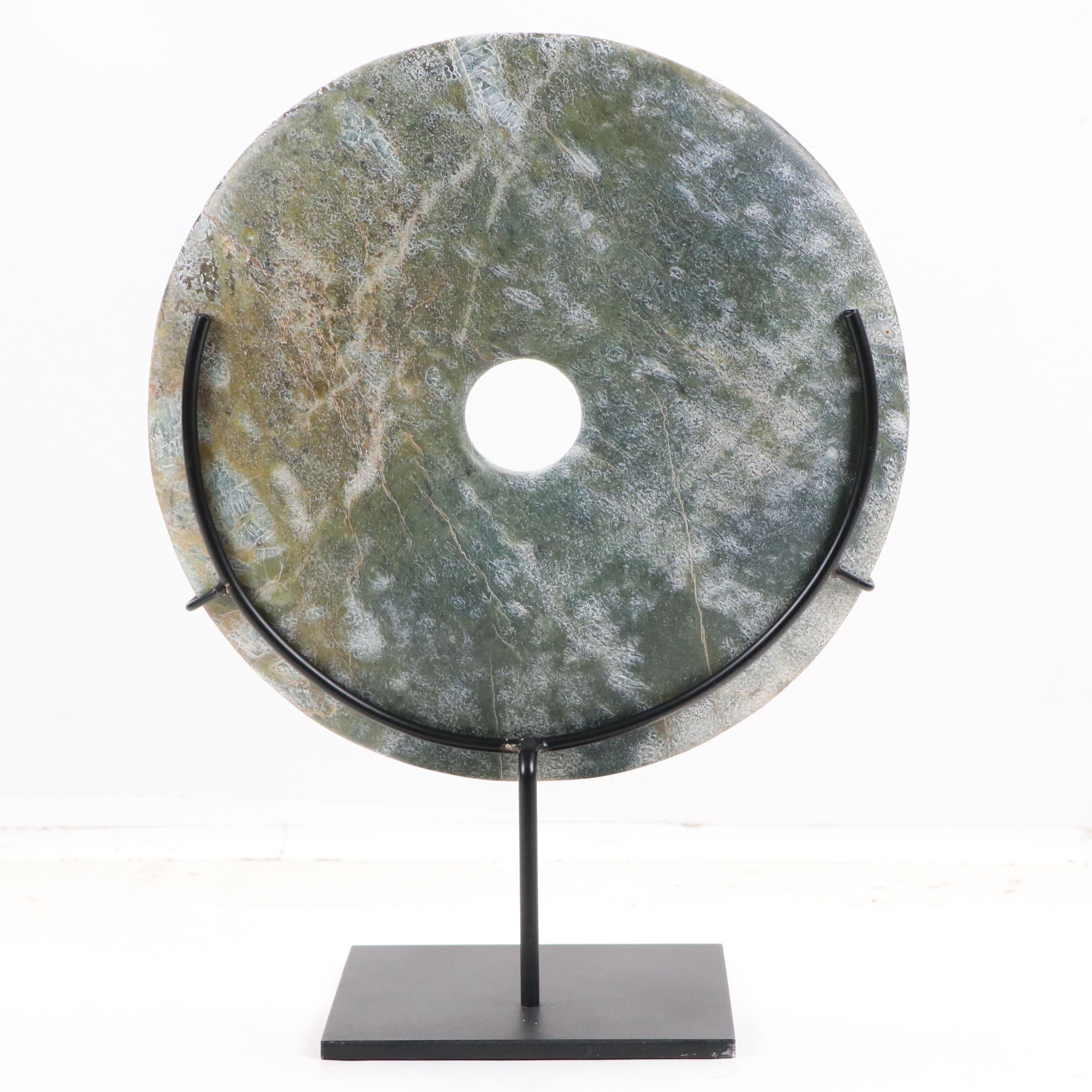 Large Chinese Carved Serpentine Bi Disc with Custom Metal Stand