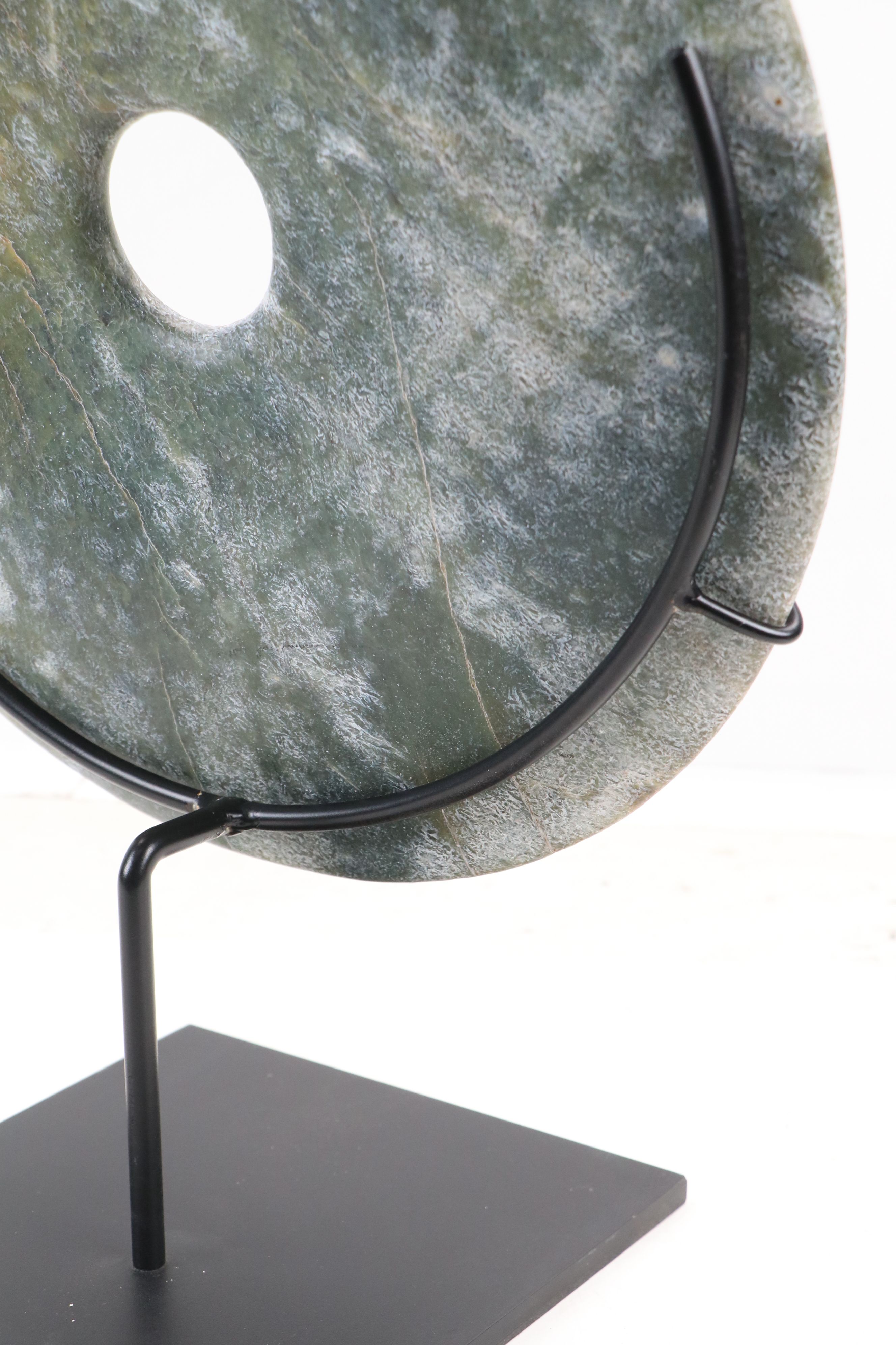 Large Chinese Carved Serpentine Bi Disc with Custom Metal Stand