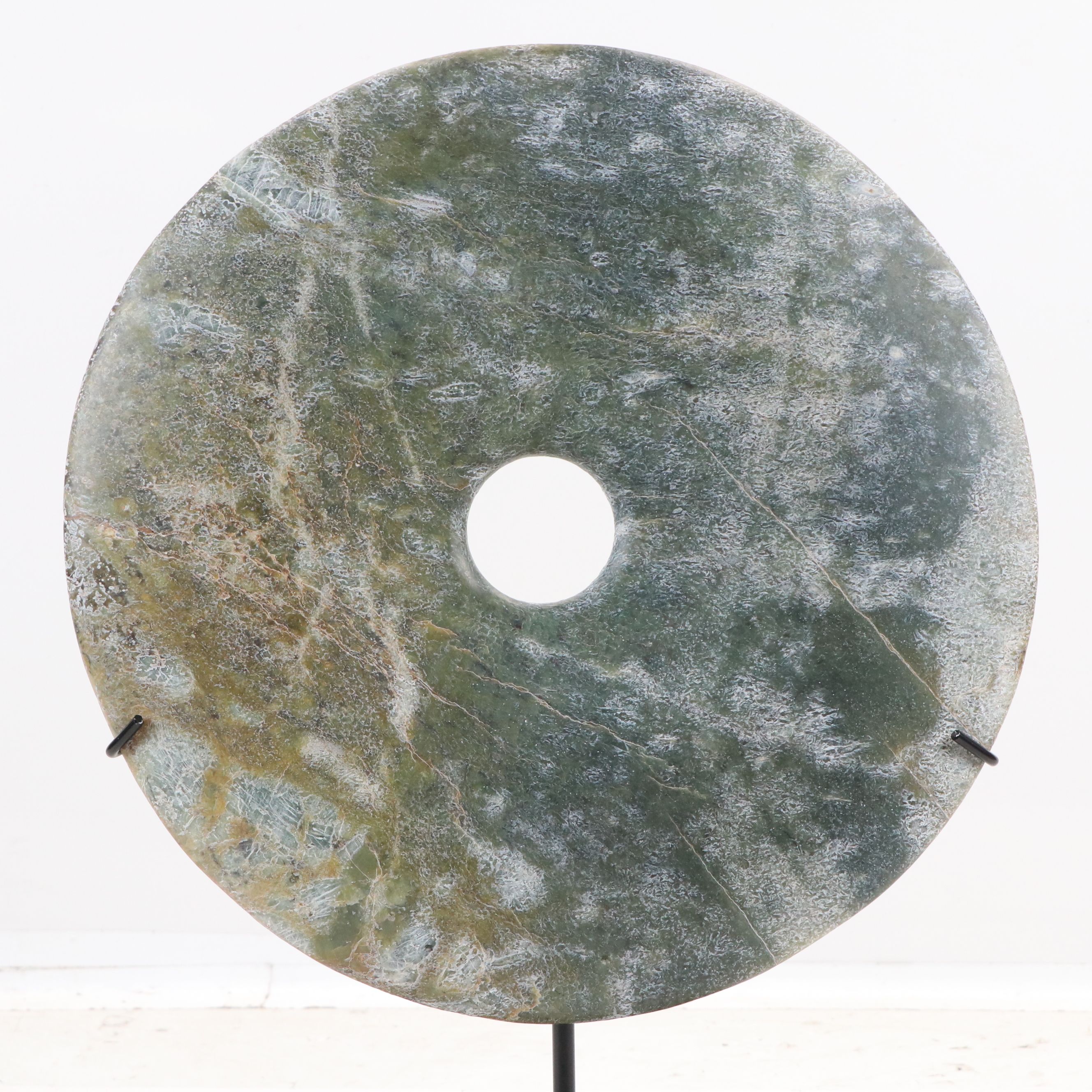 Large Chinese Carved Serpentine Bi Disc with Custom Metal Stand