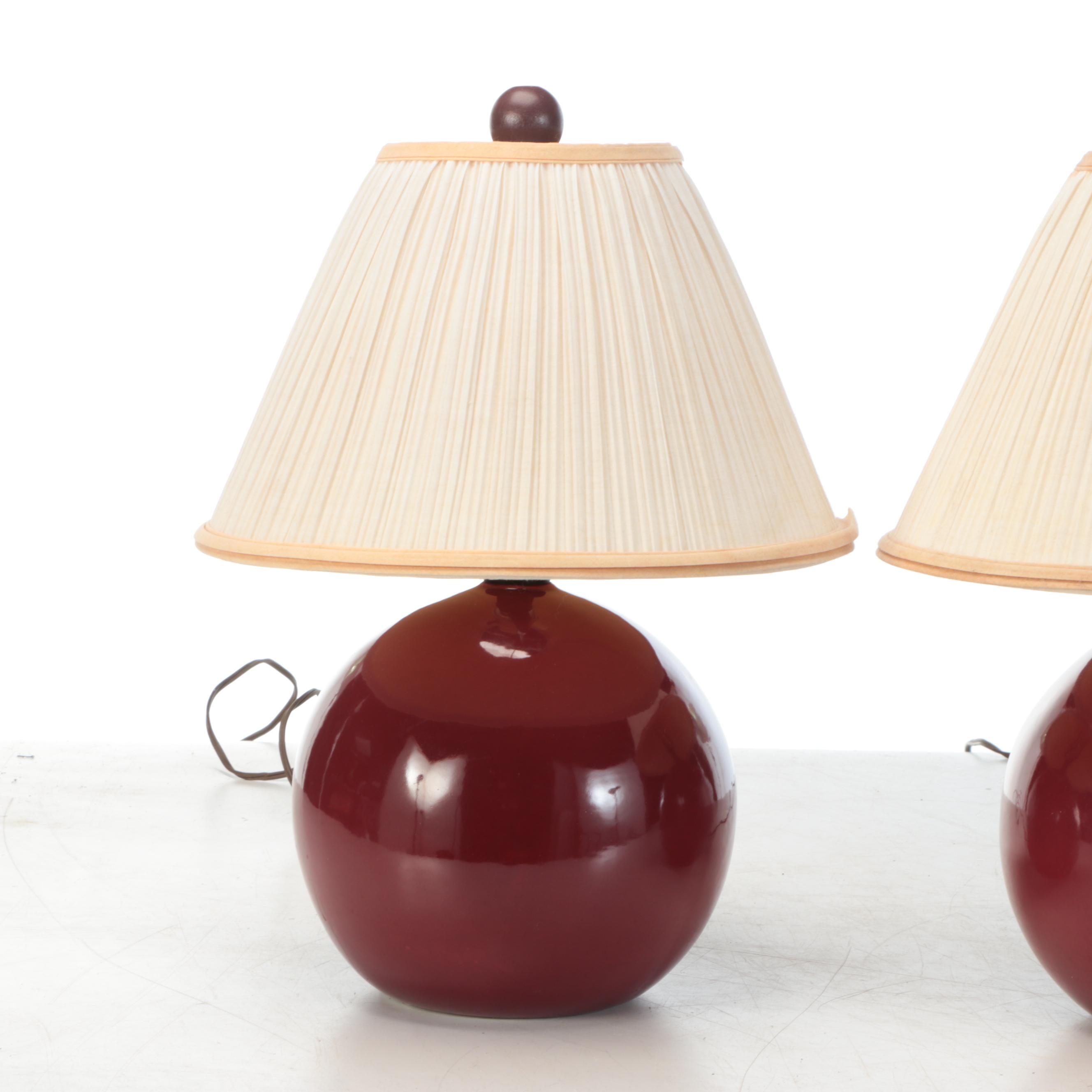 Pair of Maroon Glazed Round Table Lamps
