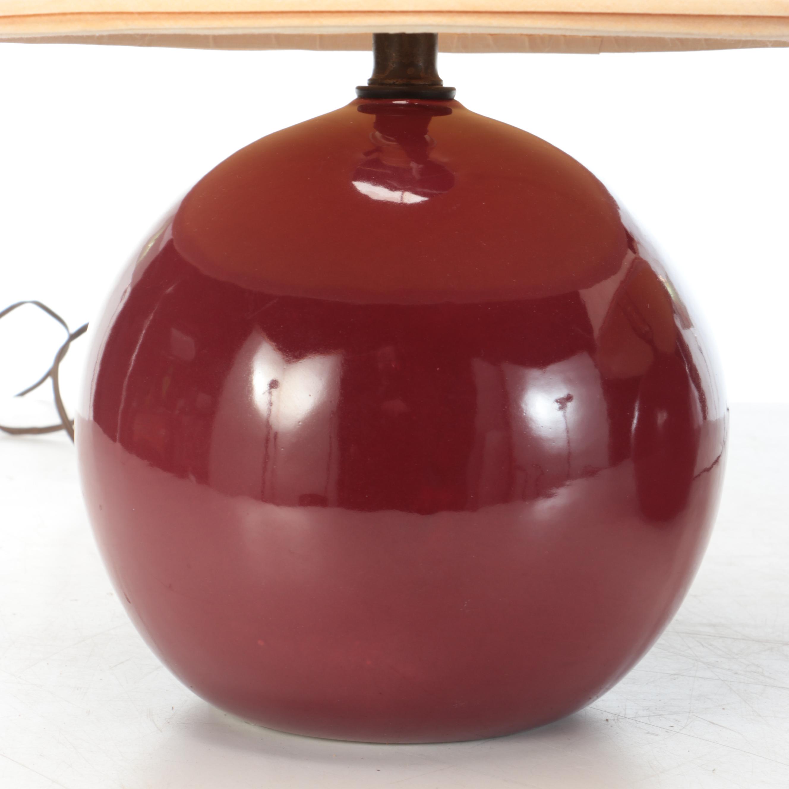 Pair of Maroon Glazed Round Table Lamps