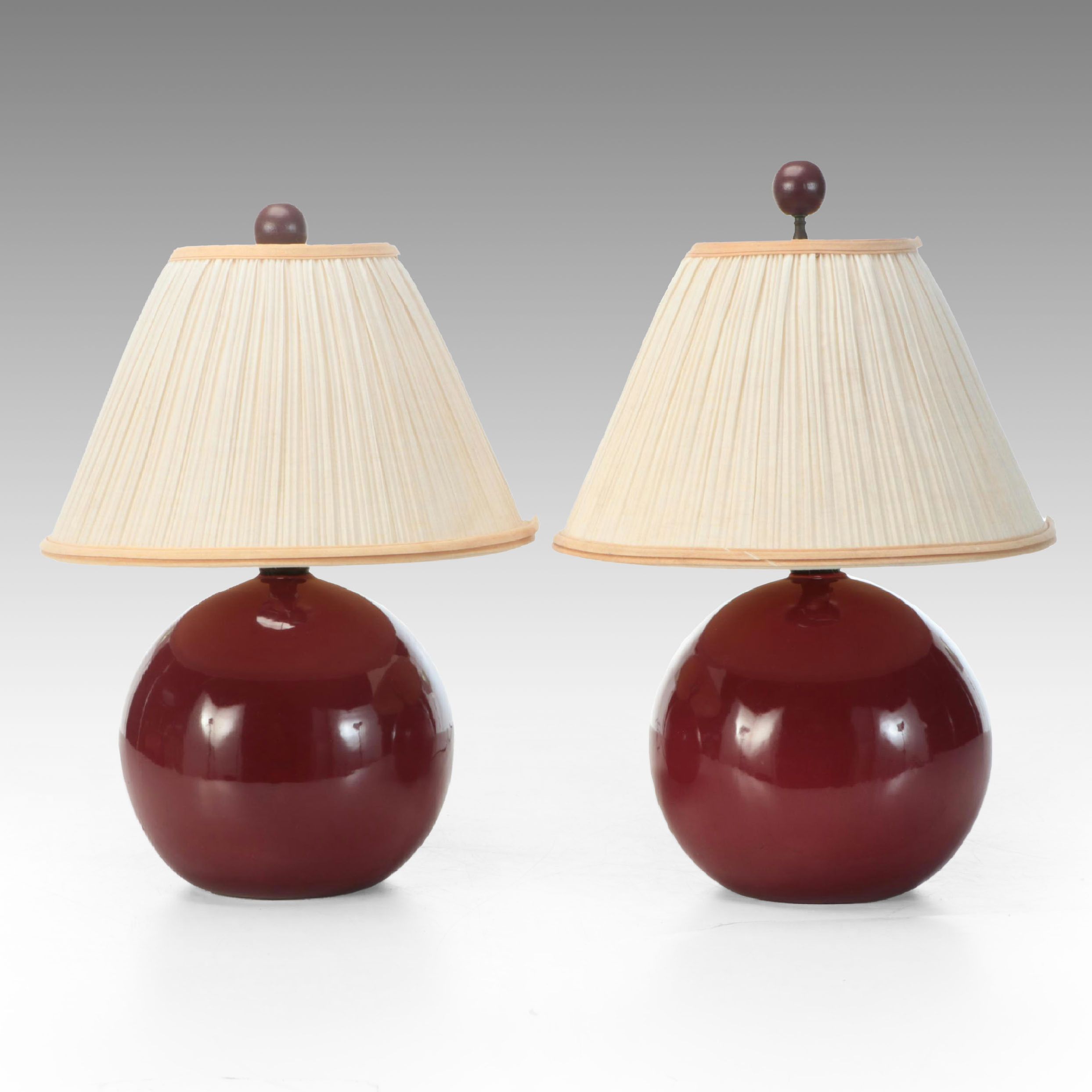 Pair of Maroon Glazed Round Table Lamps