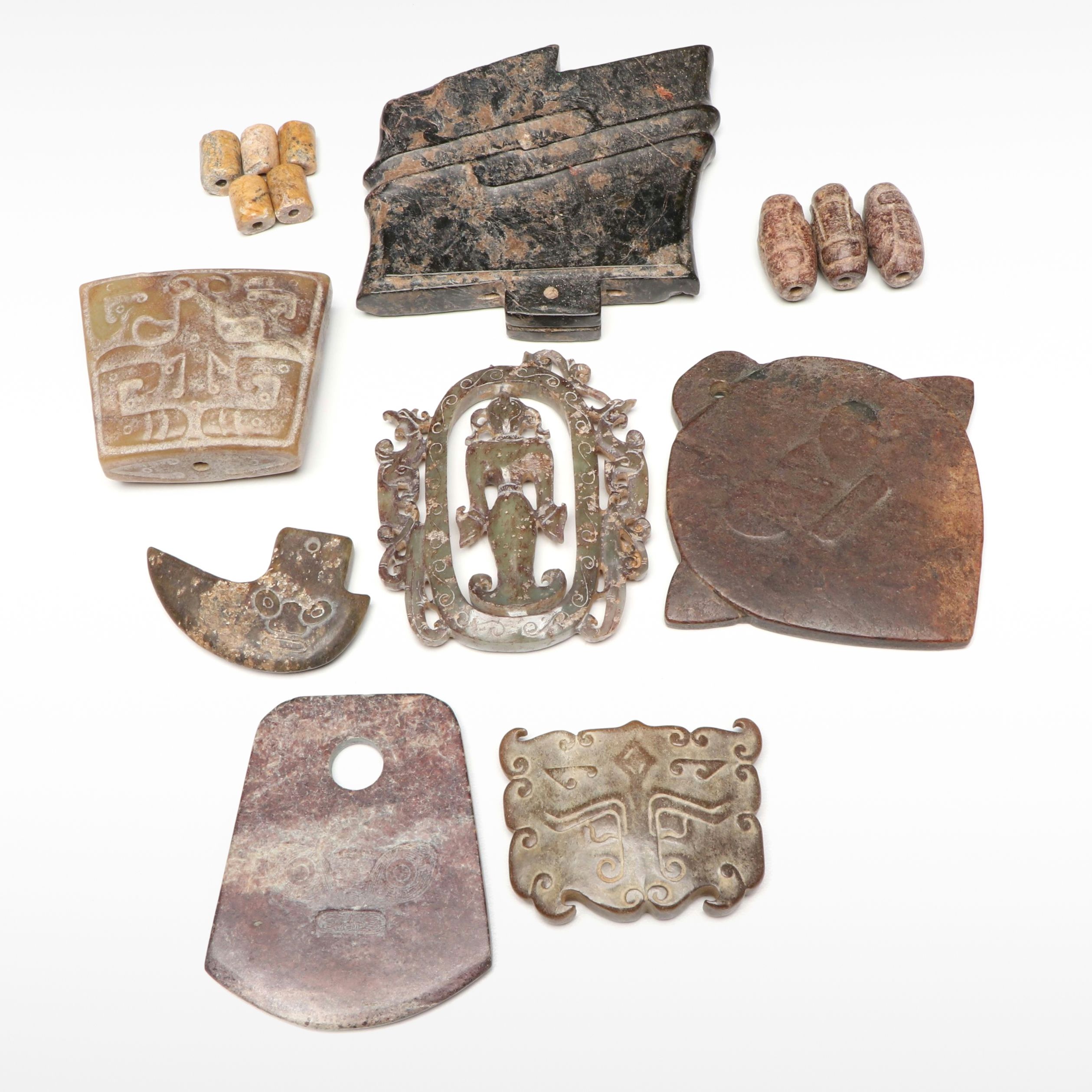 Chinese Carved Serpentine Pendants, Gorgets and Beads