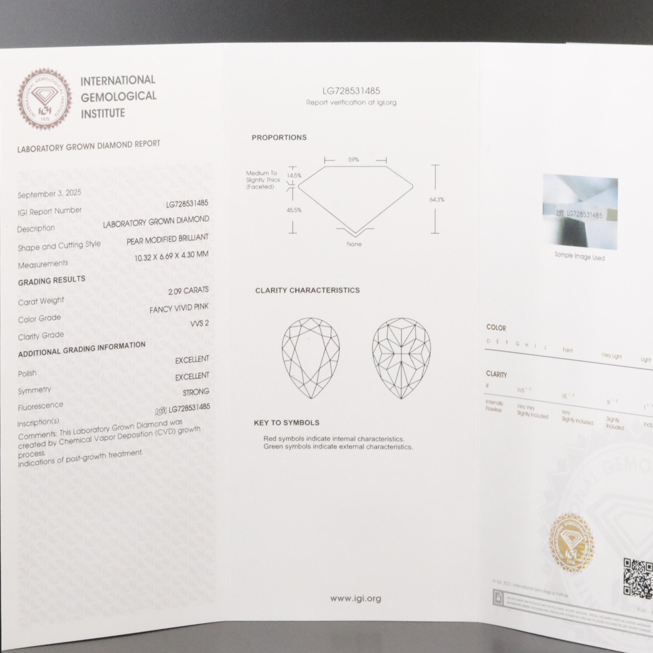 Loose 2.09 CT Lab Grown Fancy Pink Diamond with IGI Report