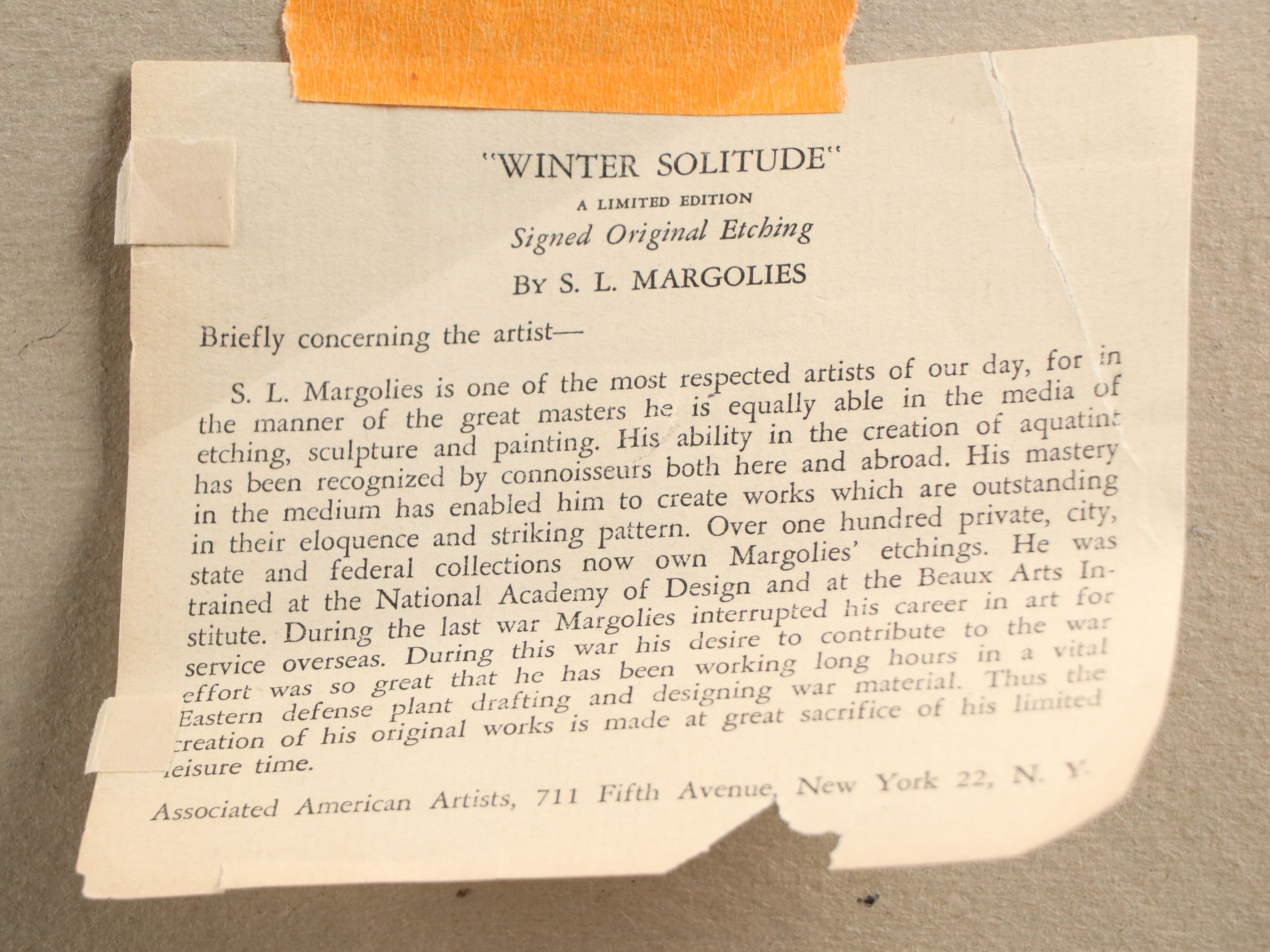 Samuel L. Margolies Etching "Winter Solitude," Mid-20th Century