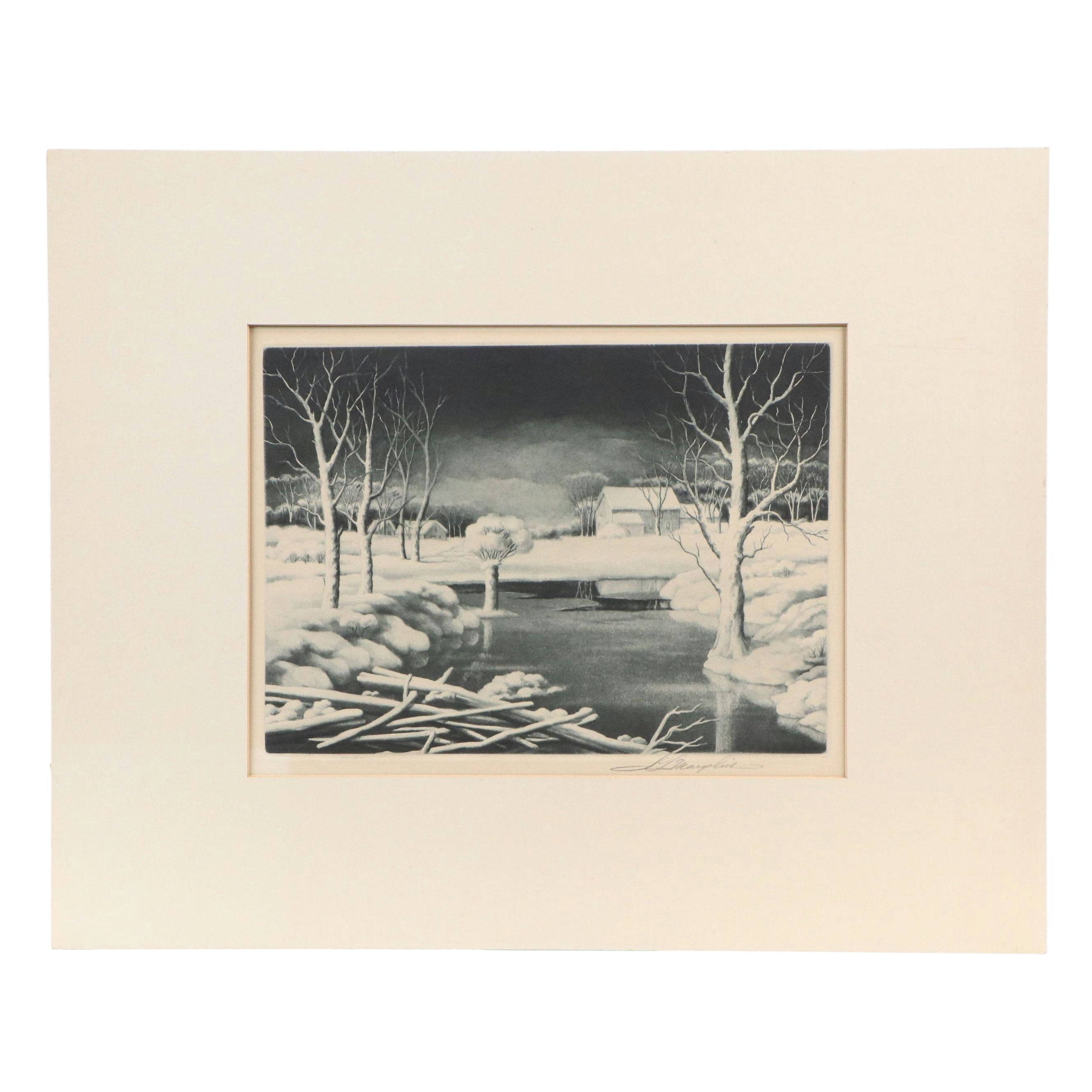 Samuel L. Margolies Etching "Winter Solitude," Mid-20th Century