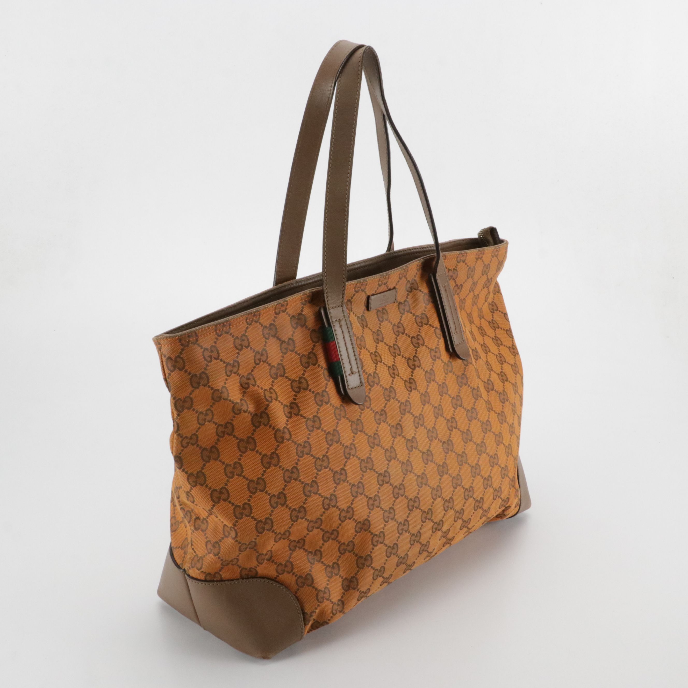 Gucci Soft Tote Bag in Orange GG Canvas and Brown Calfskin Leather Trim