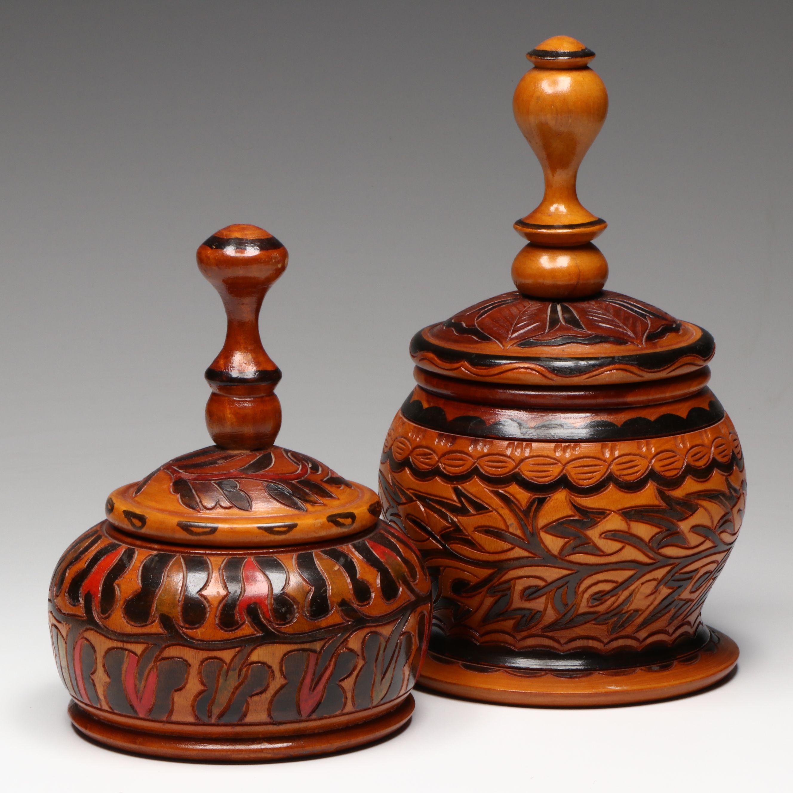Turned and Hand-Carved Polychrome Wooden Jars