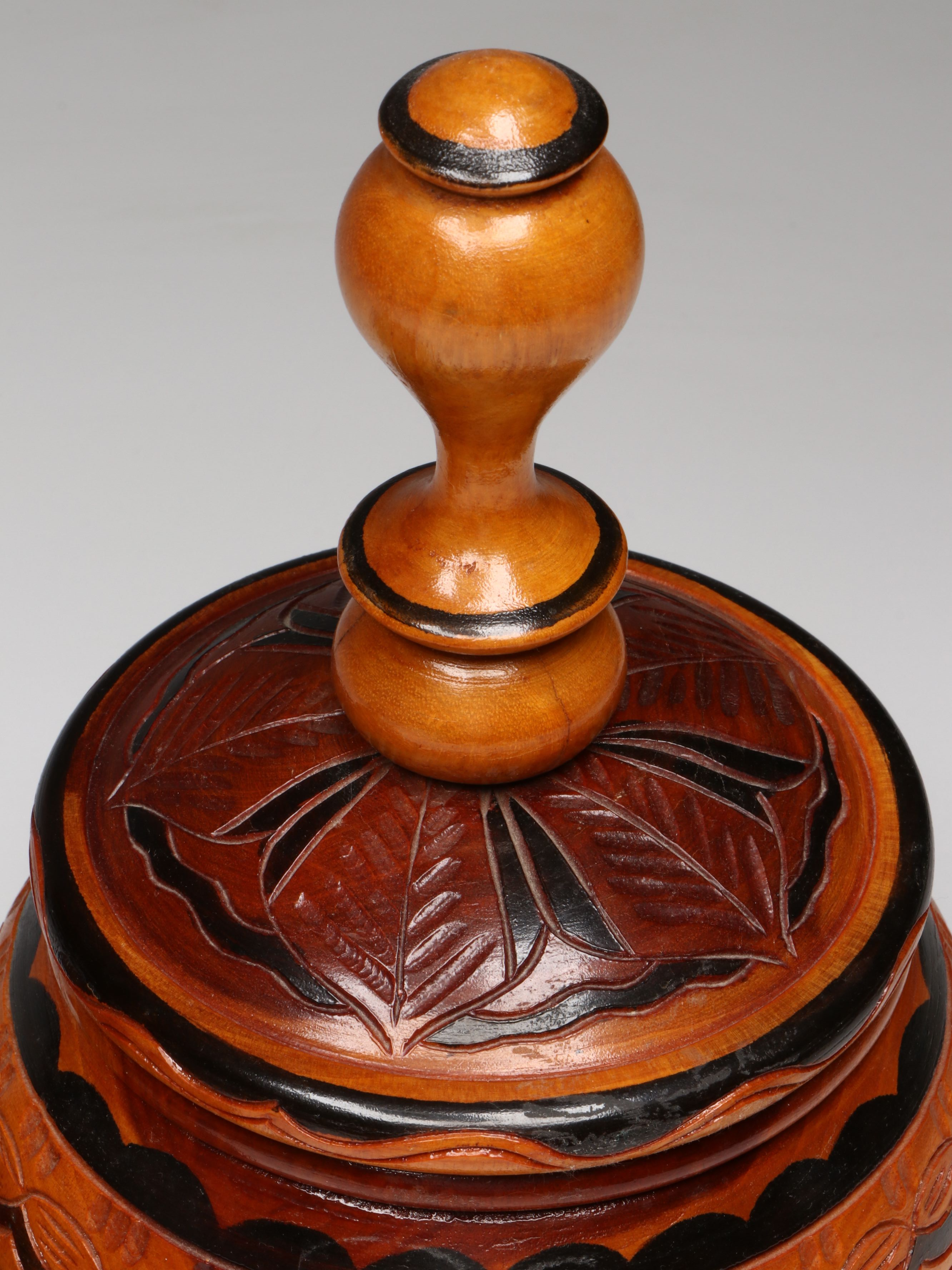 Turned and Hand-Carved Polychrome Wooden Jars