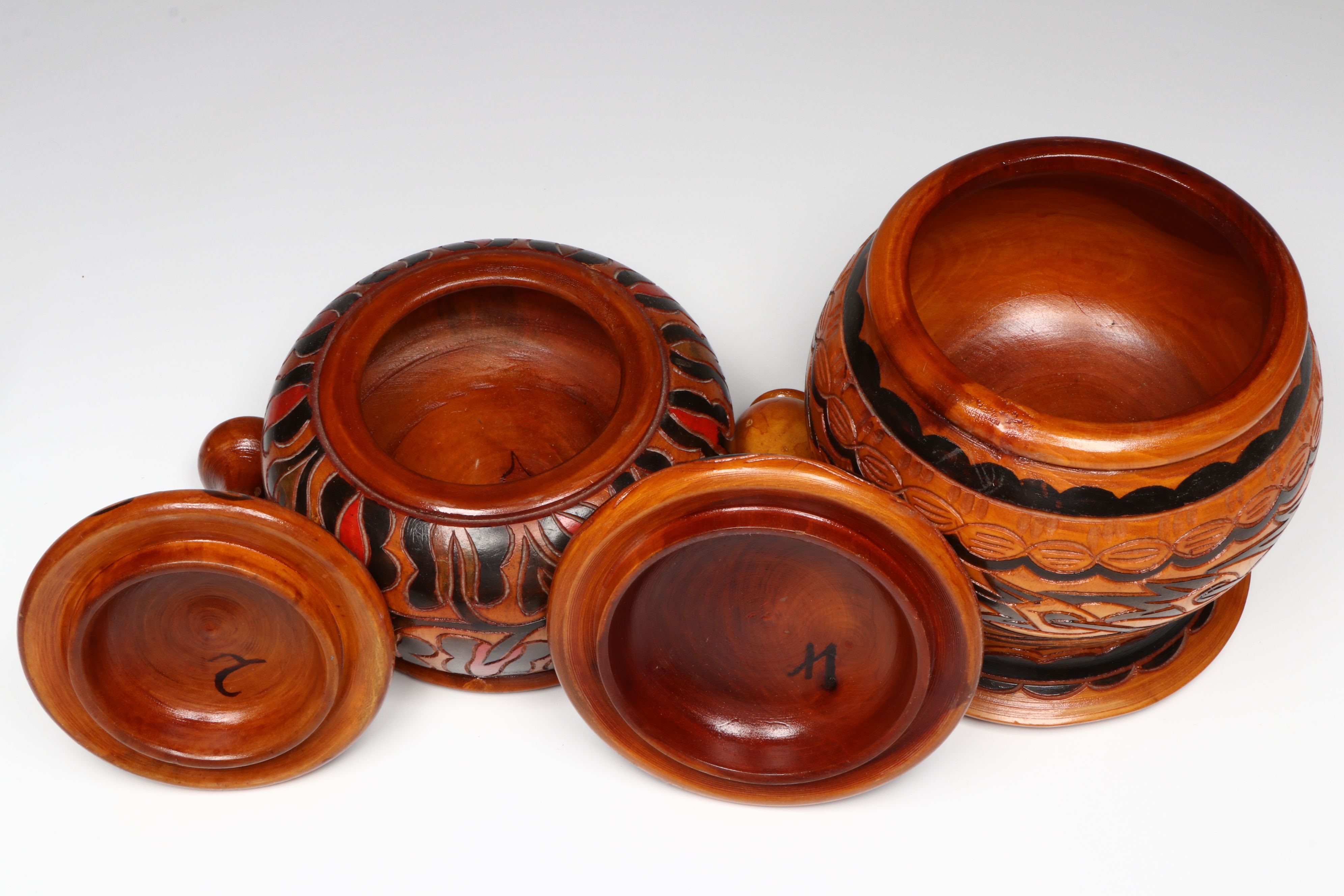 Turned and Hand-Carved Polychrome Wooden Jars