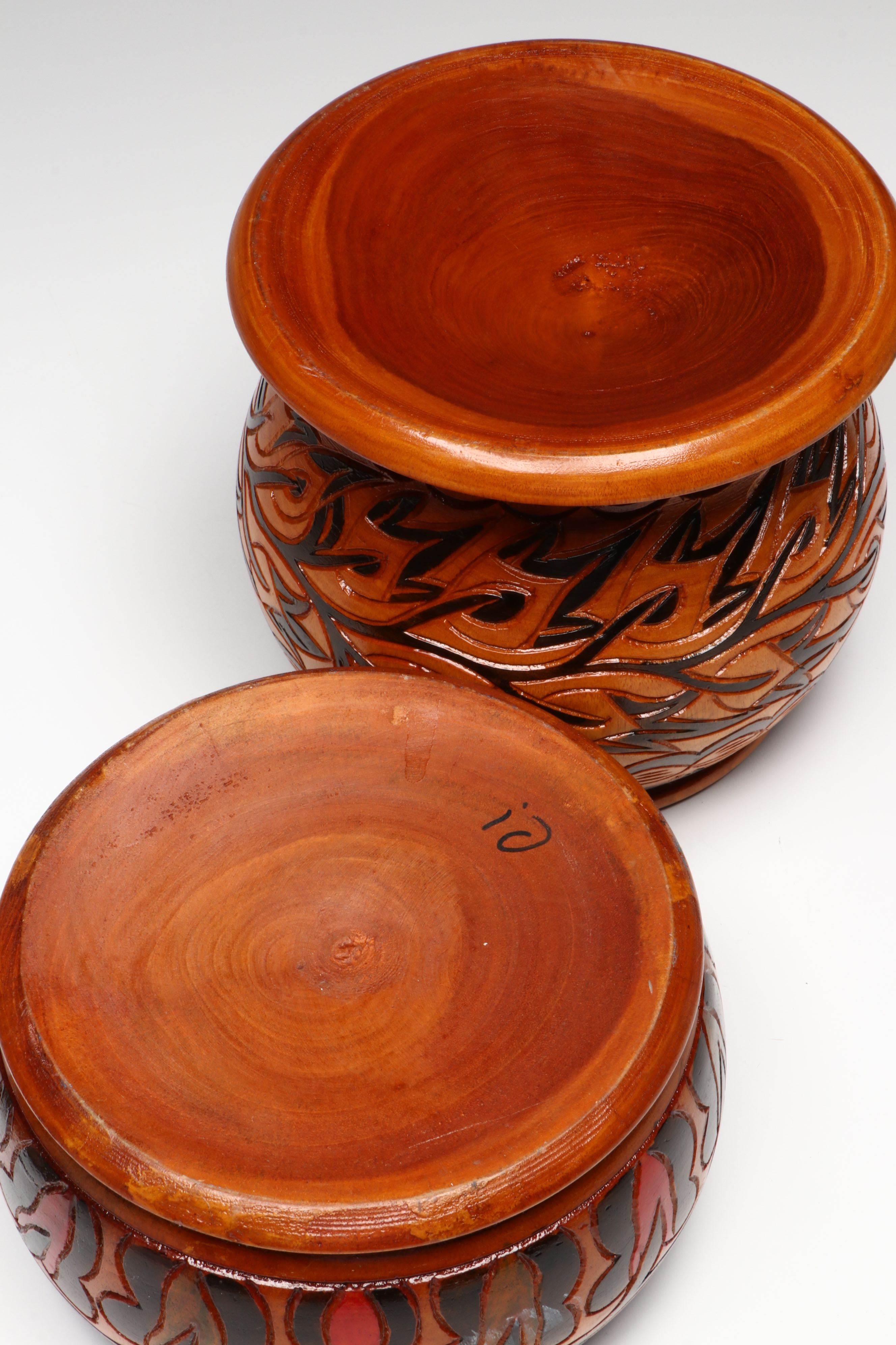 Turned and Hand-Carved Polychrome Wooden Jars