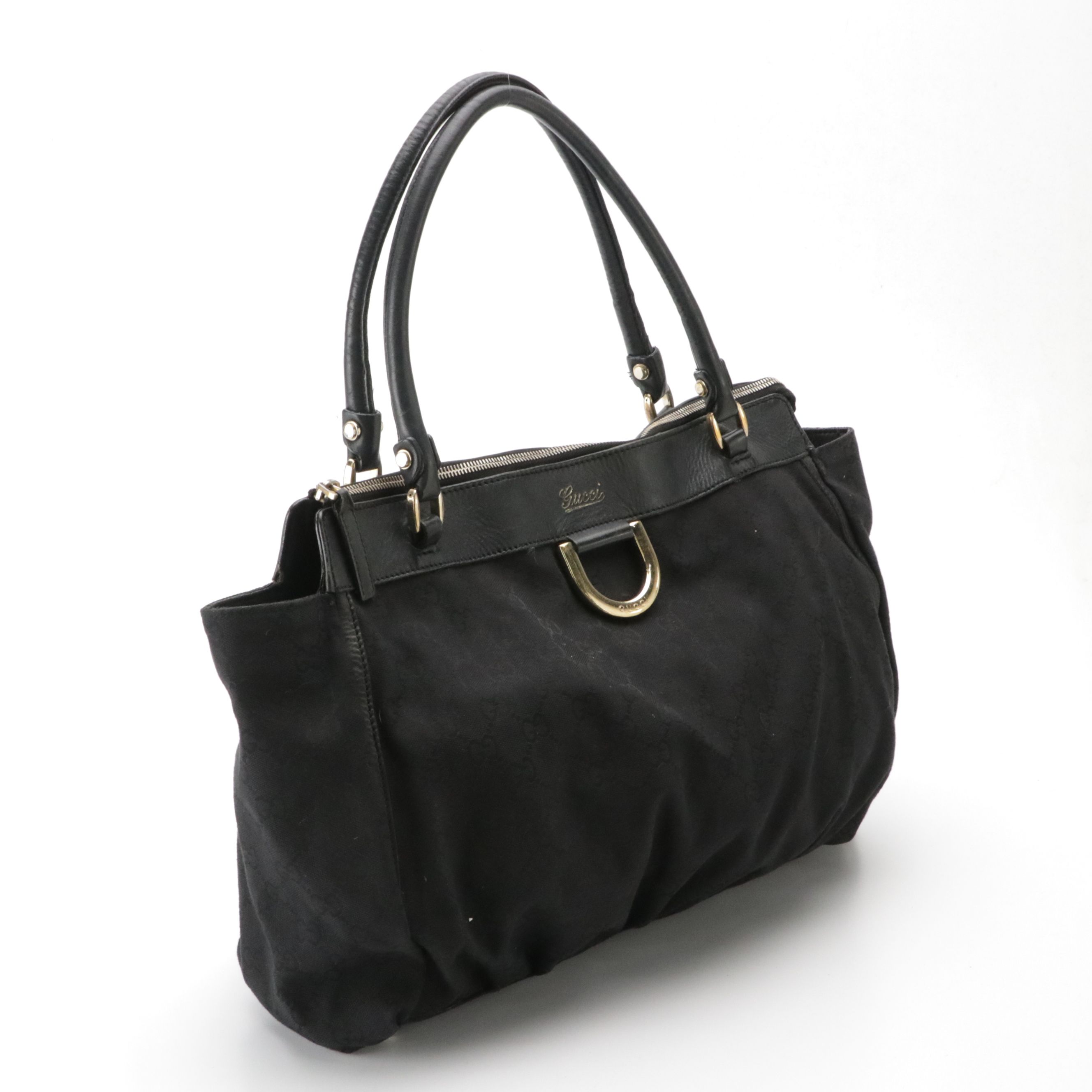 Gucci Large Abbey D-Ring Shoulder Bag in Black GG Canvas and Leather