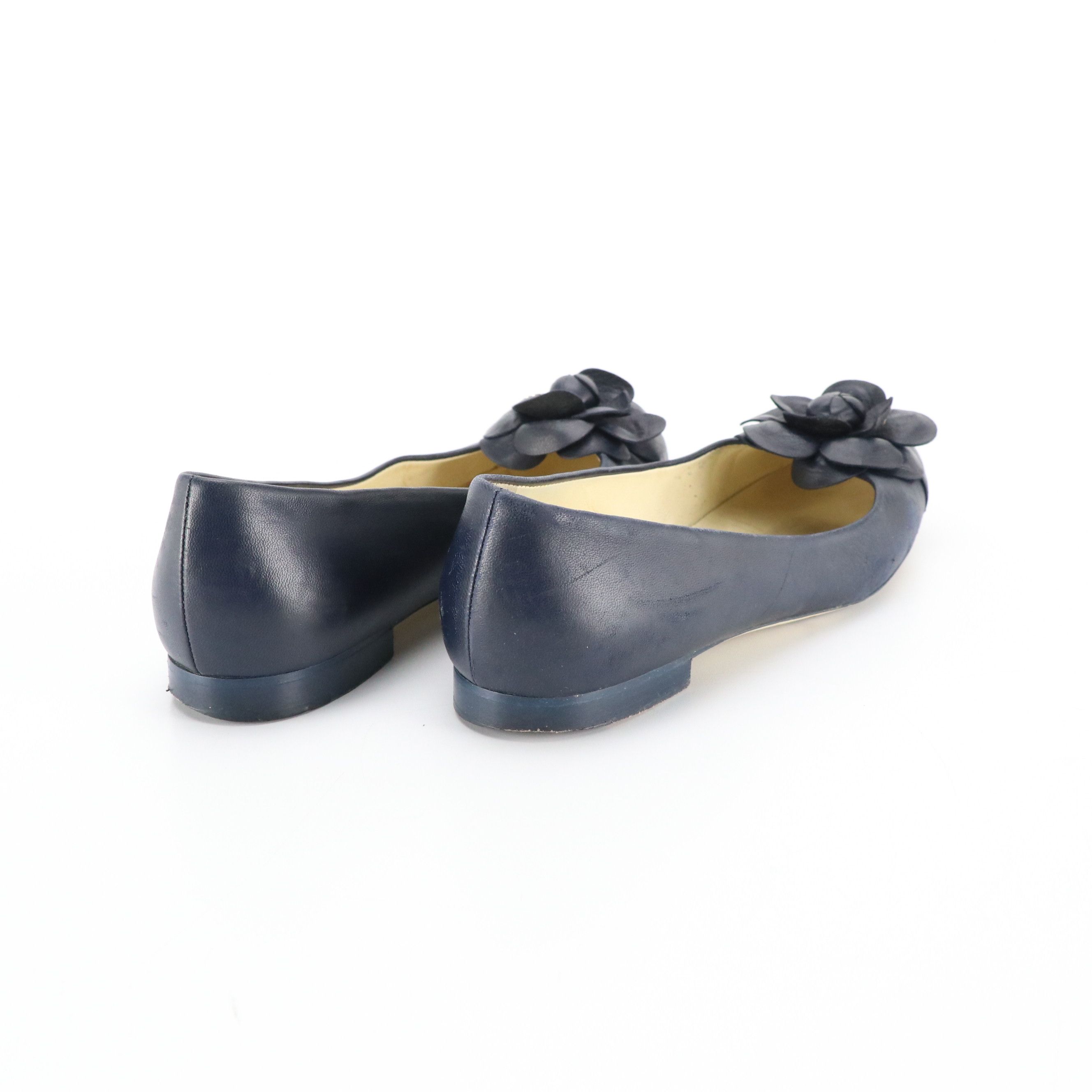 Chanel Navy Blue Lambskin Leather CC Coco Mark Camellia Flats