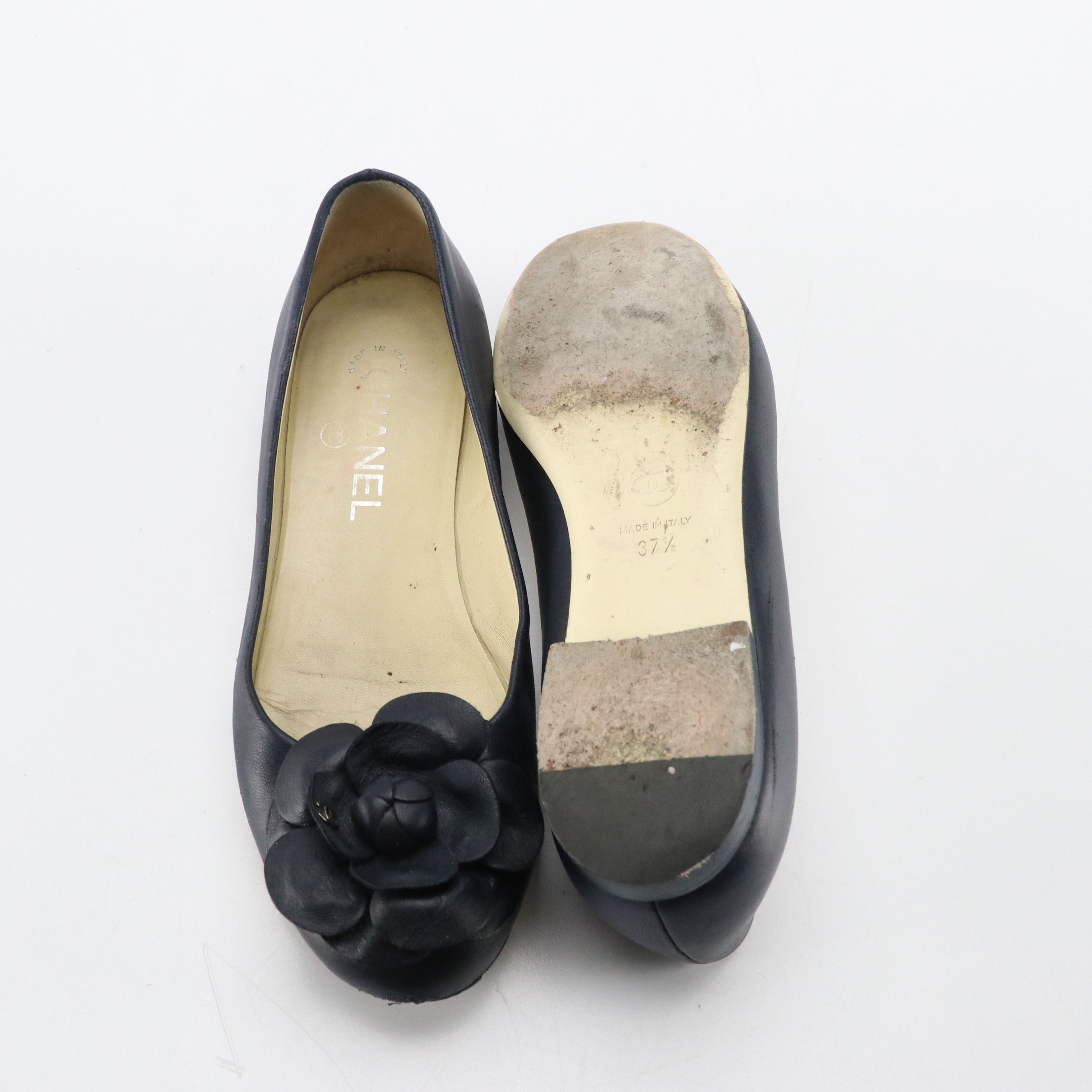 Chanel Navy Blue Lambskin Leather CC Coco Mark Camellia Flats