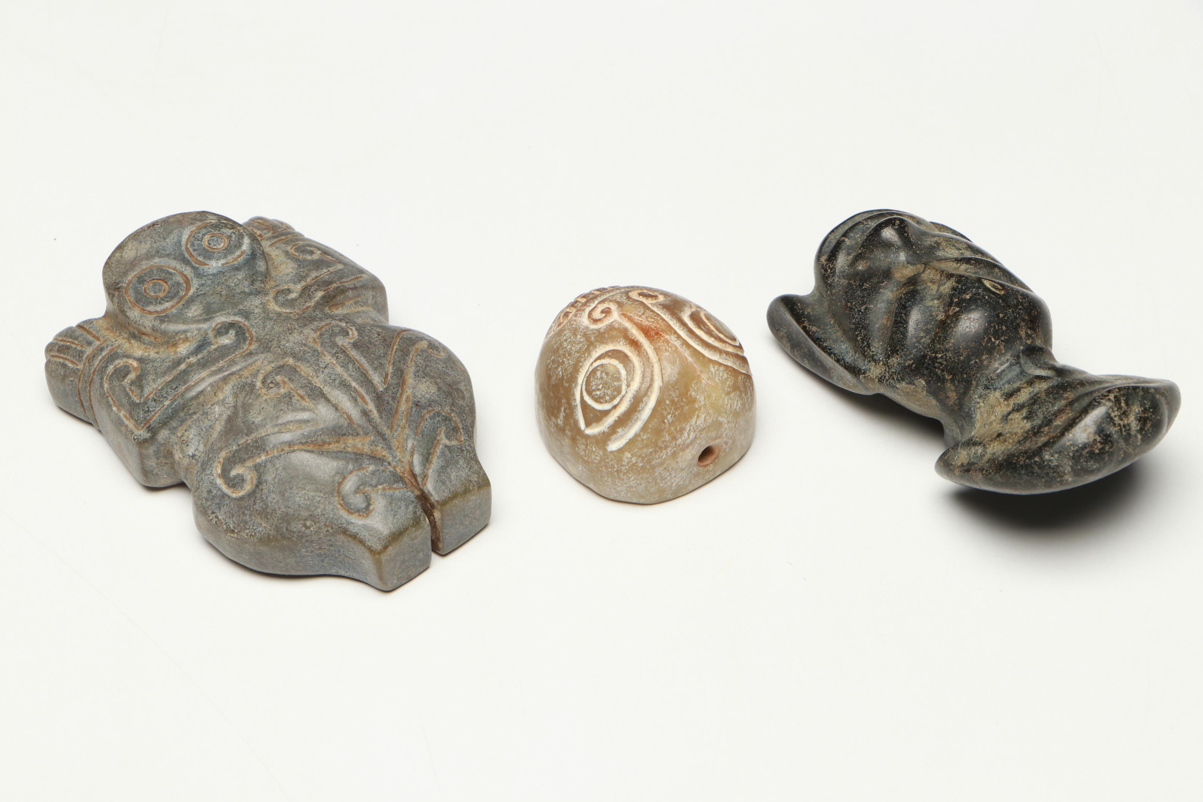 Chinese with Other Carved Serpentine Netsuke, Beads and Pendants