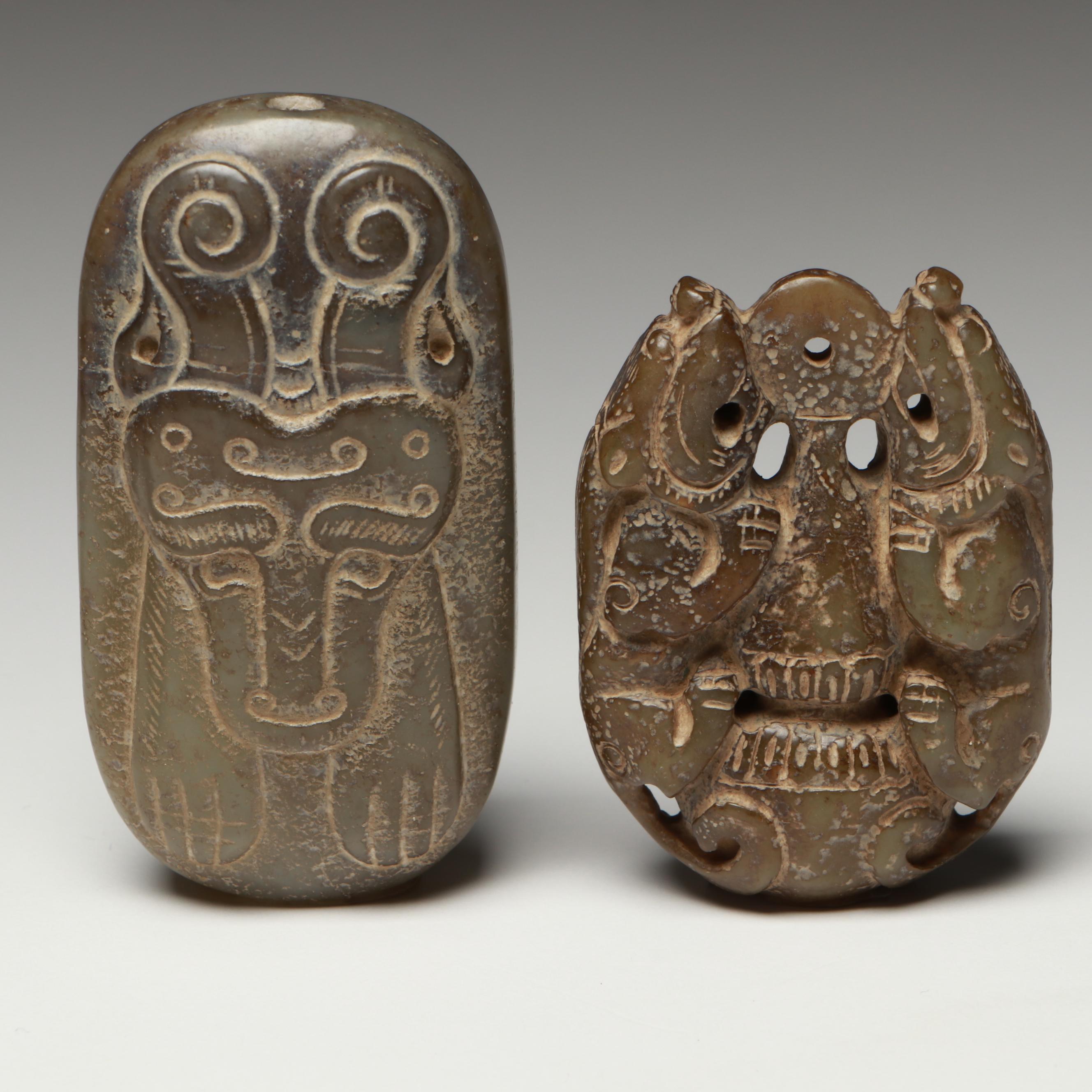 Chinese with Other Carved Serpentine Netsuke, Beads and Pendants